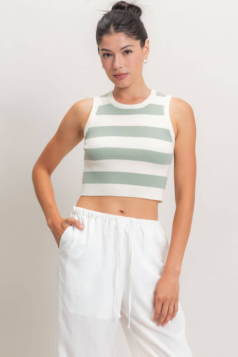 Striped Crop Tank Knit Top: CHOCOLATE / S-M-L(2-2-2)