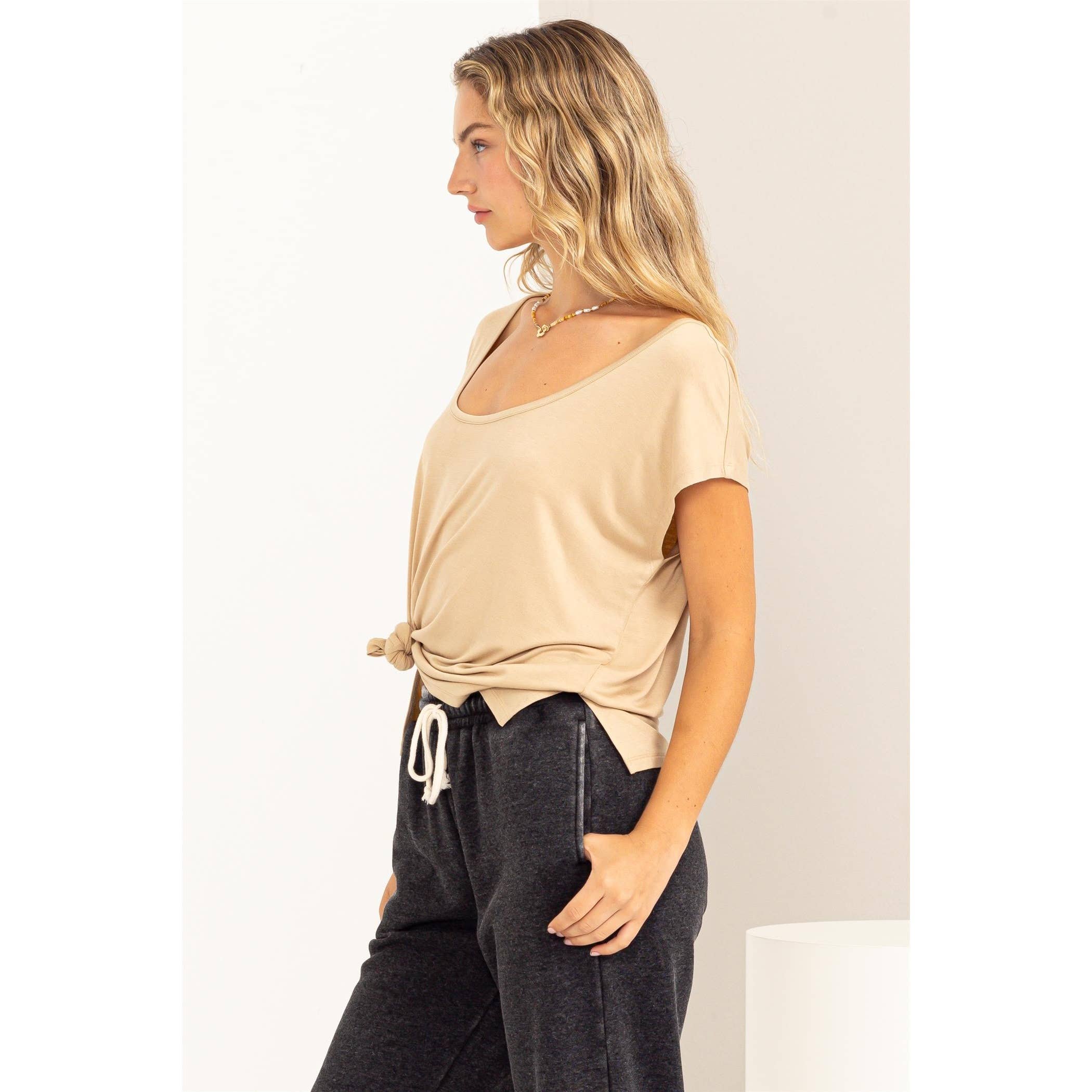 Scoop Neck Short Sleeves Top: PALE OLIVE / S-M-L(2-2-2)