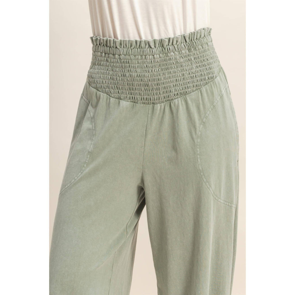 Mineral Washed Wide-Leg Smocked Waist Pants: SOFT PINK / S-M-L(2-2-2)
