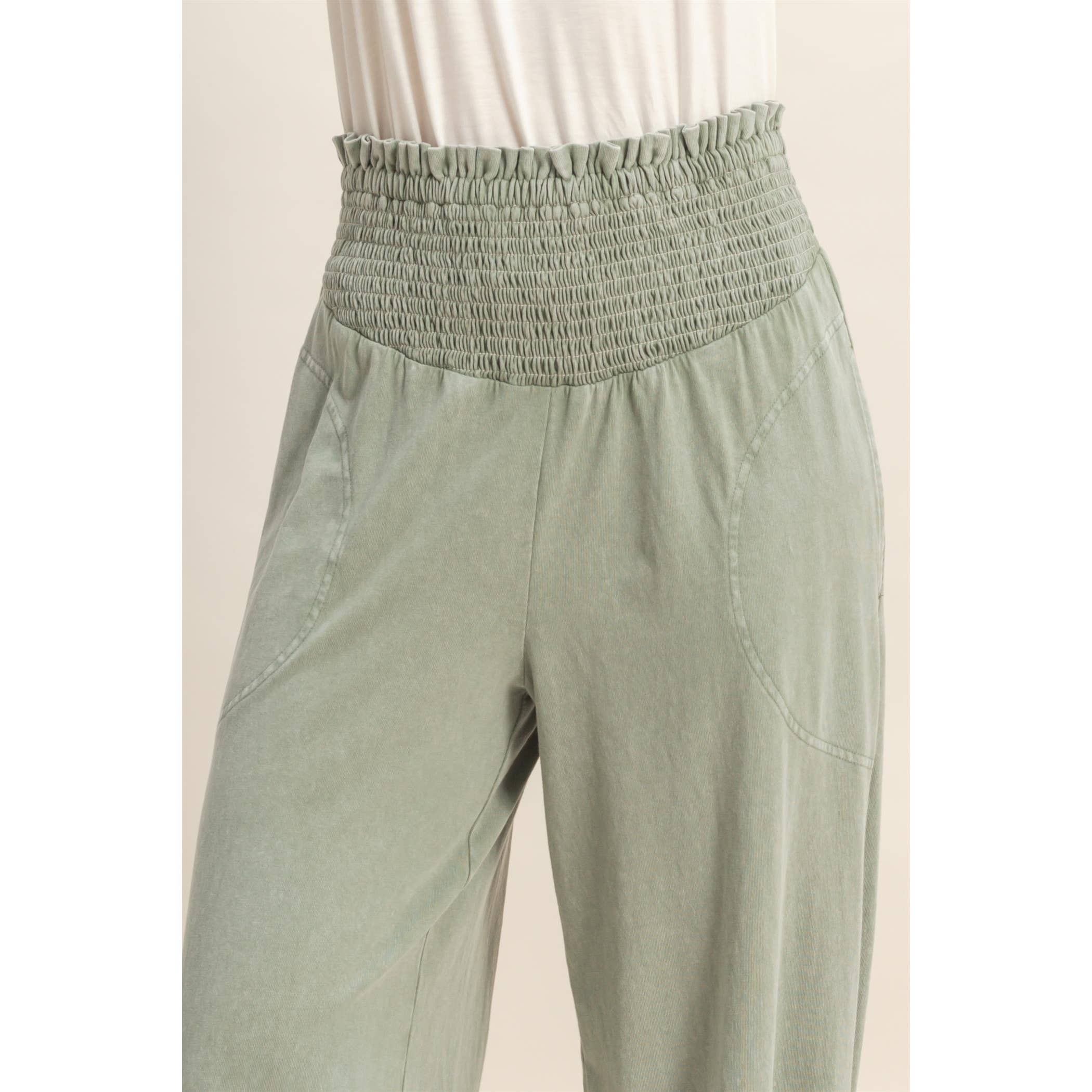 Mineral Washed Wide-Leg Smocked Waist Pants: SOFT PINK / S-M-L(2-2-2)