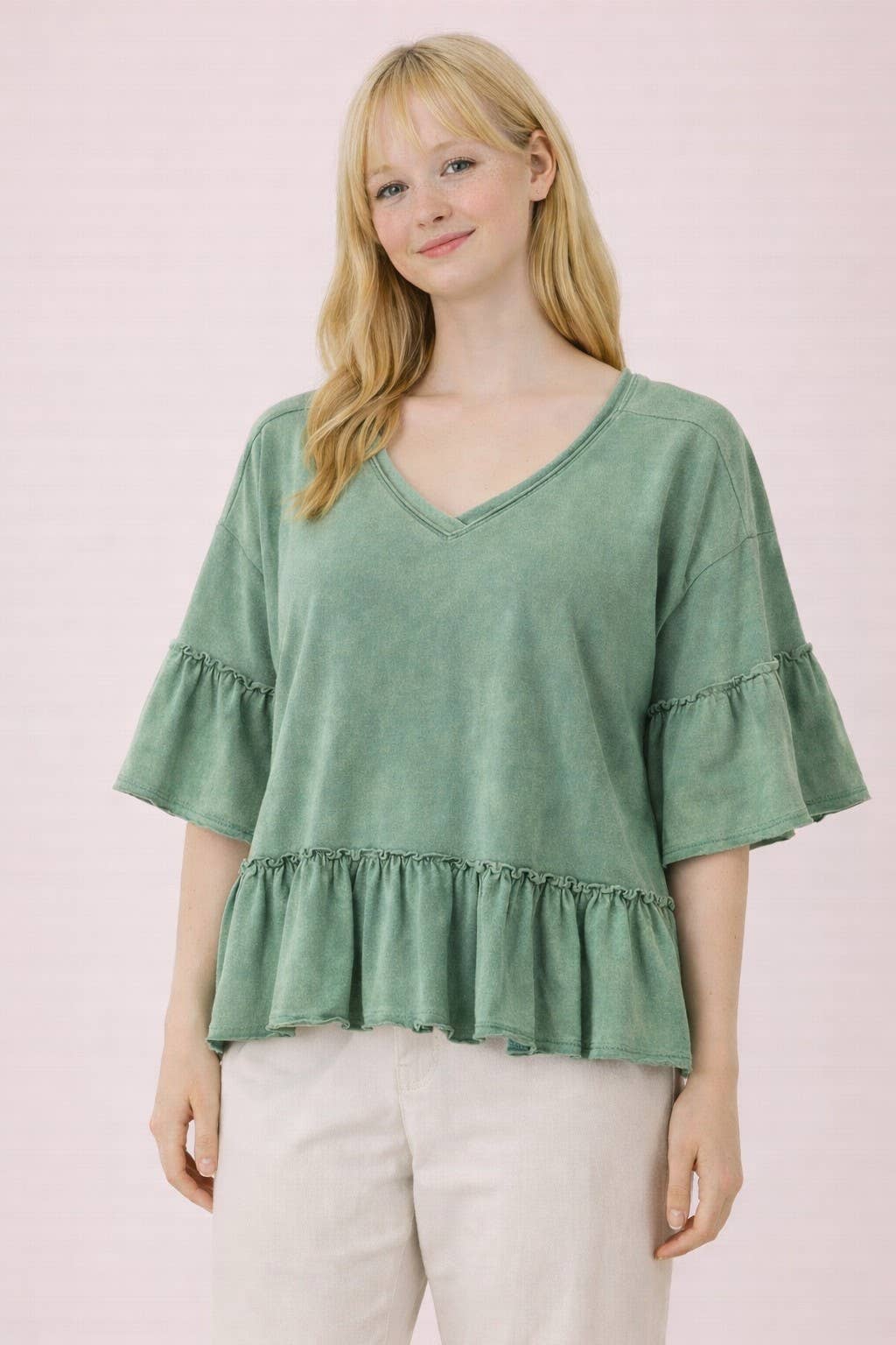 Mineral Washed Ruffle Detail Knit Top: BLUE /