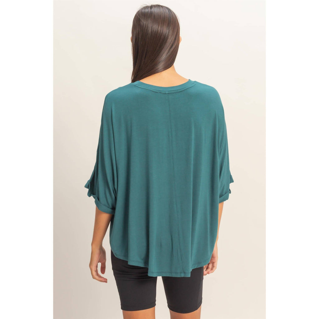 Relaxed High-Low Batwing Sleeve Top: BLUE / S-M-L(2-2-2)