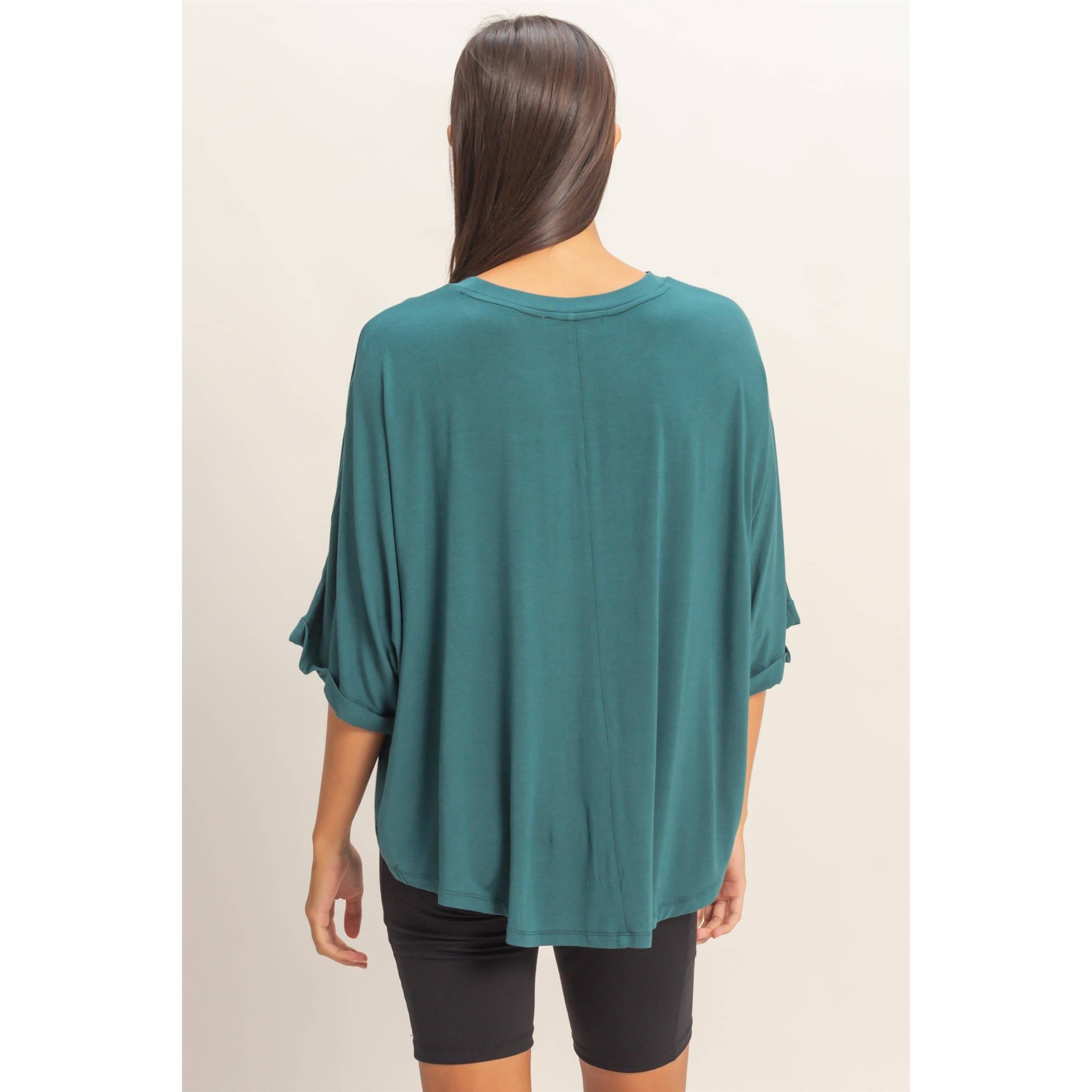 Relaxed High-Low Batwing Sleeve Top: BLUE / S-M-L(2-2-2)