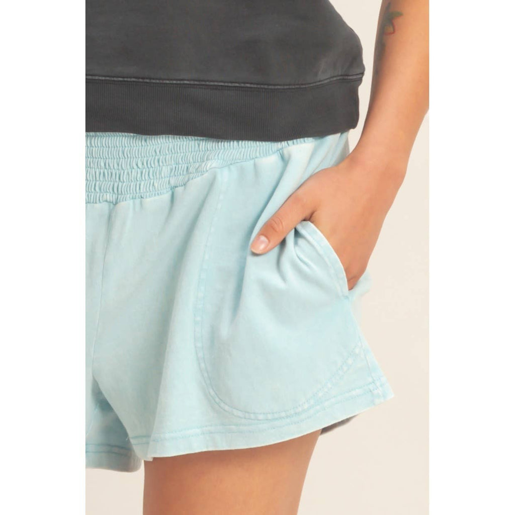 Smocked Waist Mineral Wash Shorts: FUCHSIA / S-M-L(2-2-2)