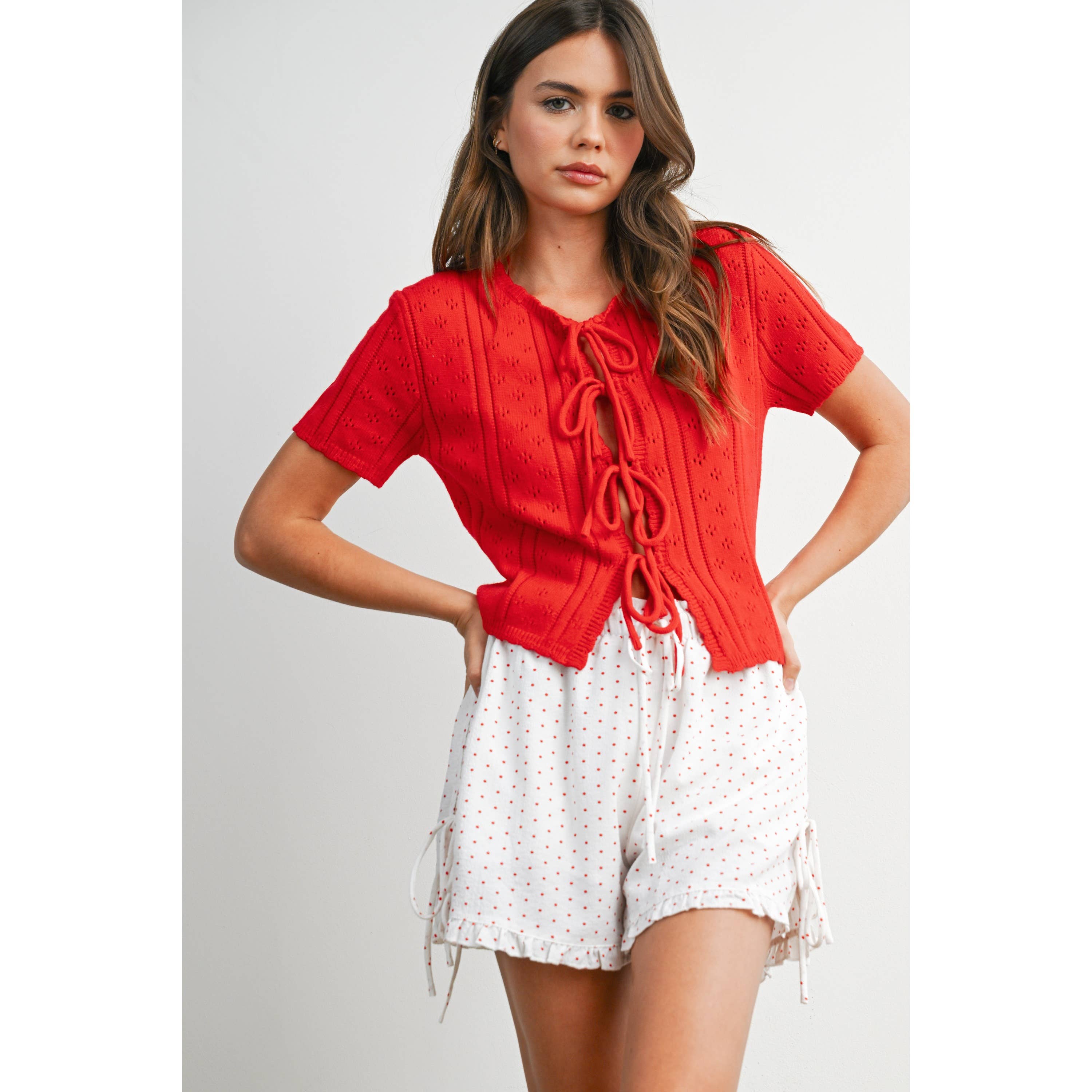 Polka Dot Ruffle Hem Tie-Side Shorts - BMP8189: IVORY / BLACK / S