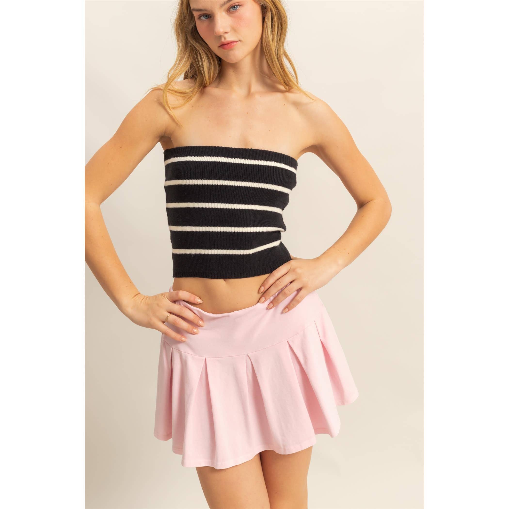 Mid Rise Pleated Mini Skort: DUSTY INDIGO / S-M-L(2-2-2)