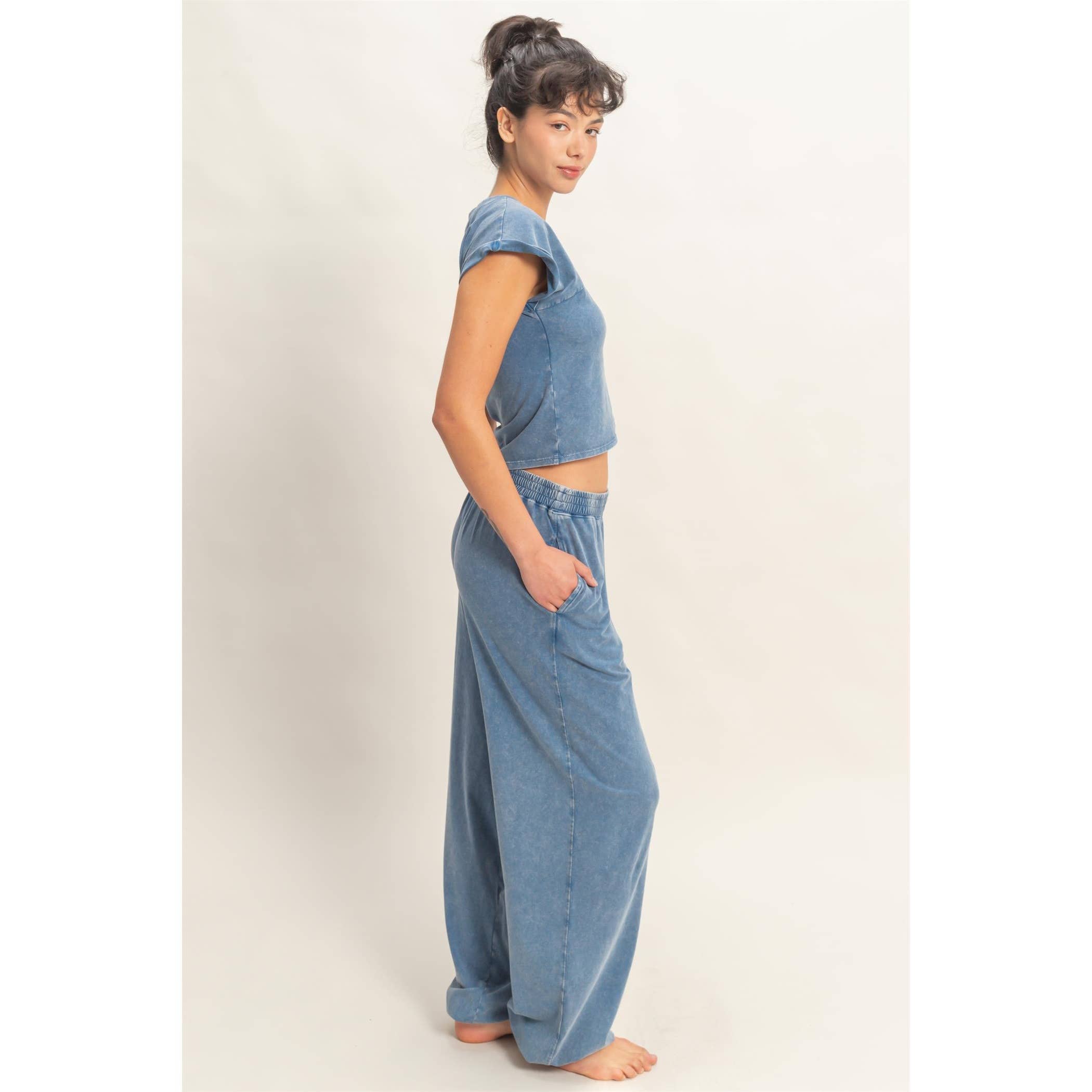 Rolled Sleeve Wrap-Front Crop Top And Jogger Set: SAGE GREEN / S-M-L(2-2-2)