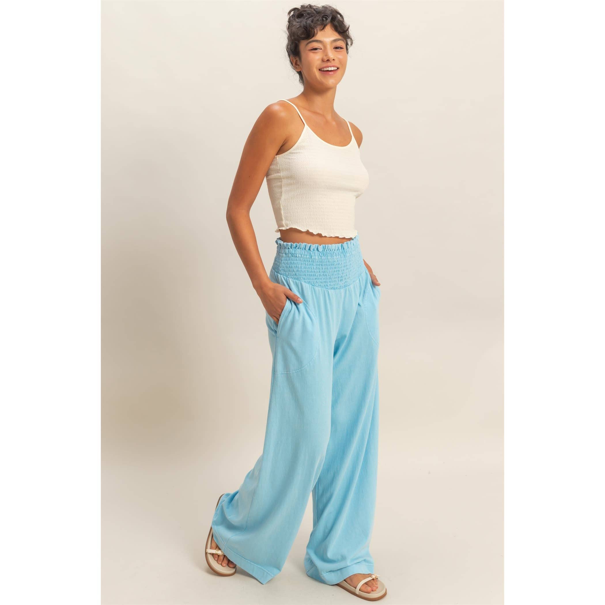Mineral Washed Wide-Leg Smocked Waist Pants: SOFT PINK / S-M-L(2-2-2)