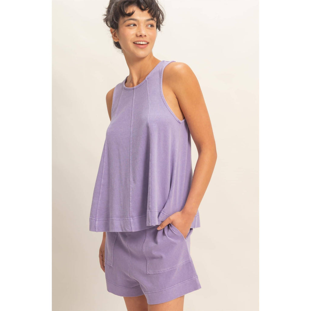Sleeveless Round Neck Top & Shorts Set: DUSTY PURPLE / S-M-L(2-2-2)