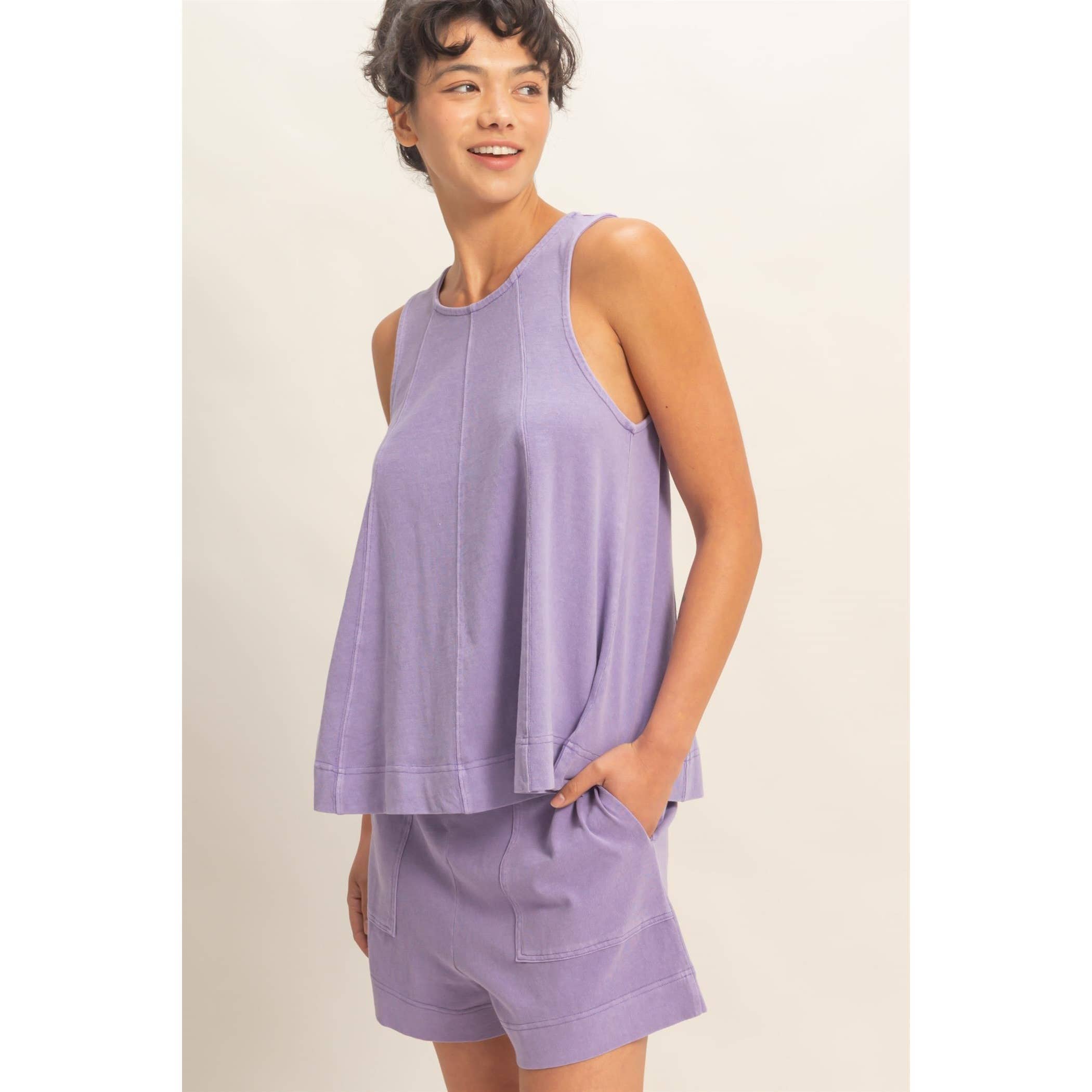 Sleeveless Round Neck Top & Shorts Set: DUSTY PURPLE / S-M-L(2-2-2)