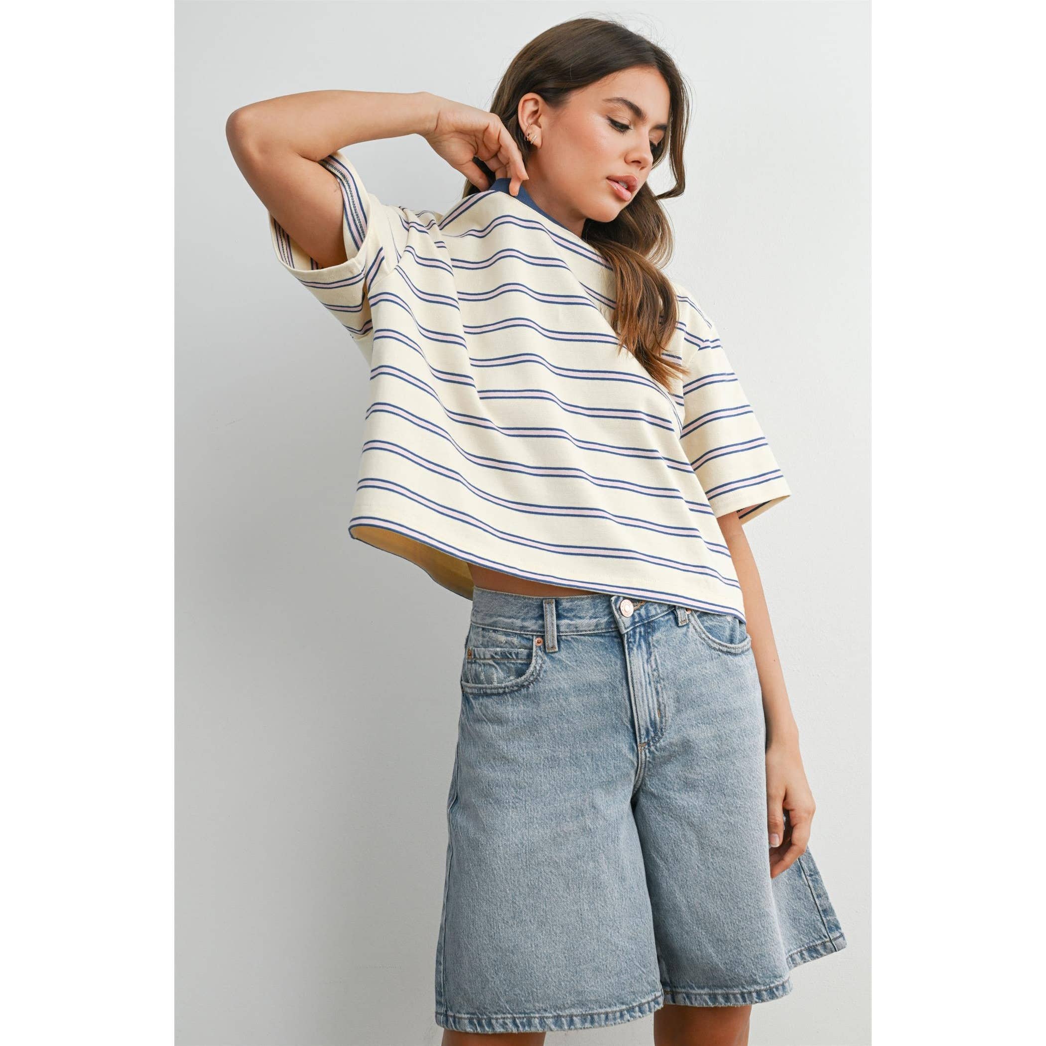 Striped Boxy Cropped T-Shirt - BMT8347: GREEN / PINK / L