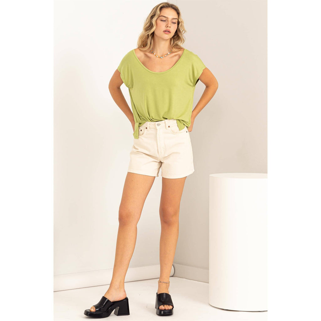 Scoop Neck Short Sleeves Top: PALE OLIVE / S-M-L(2-2-2)
