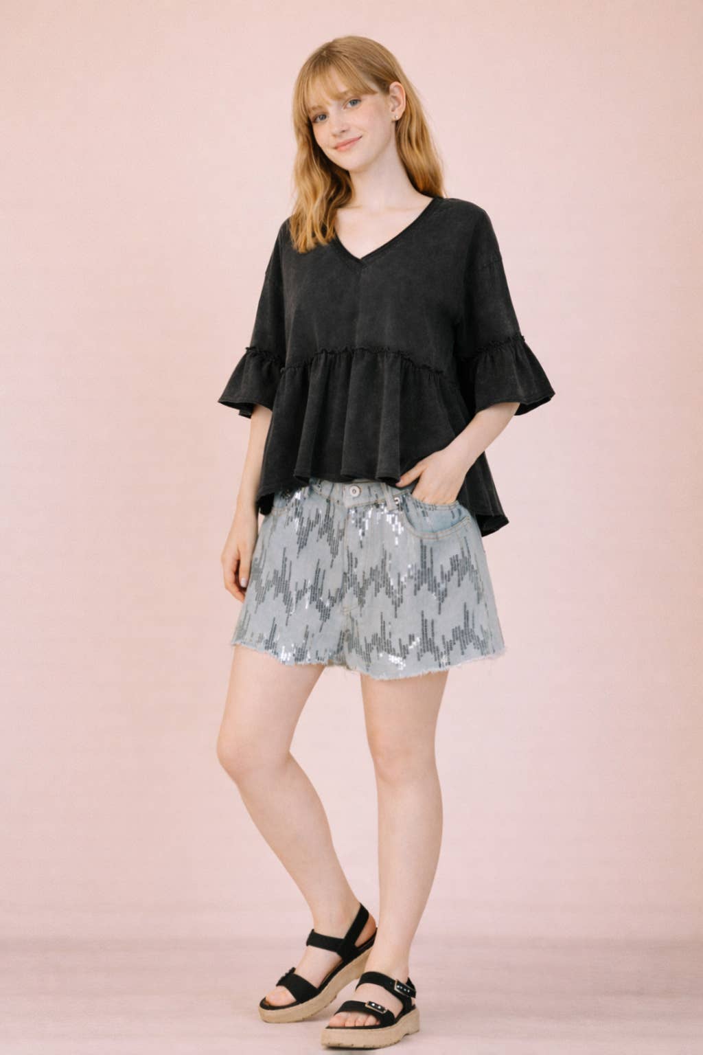 Mineral Washed Ruffle Detail Knit Top: BLUE /