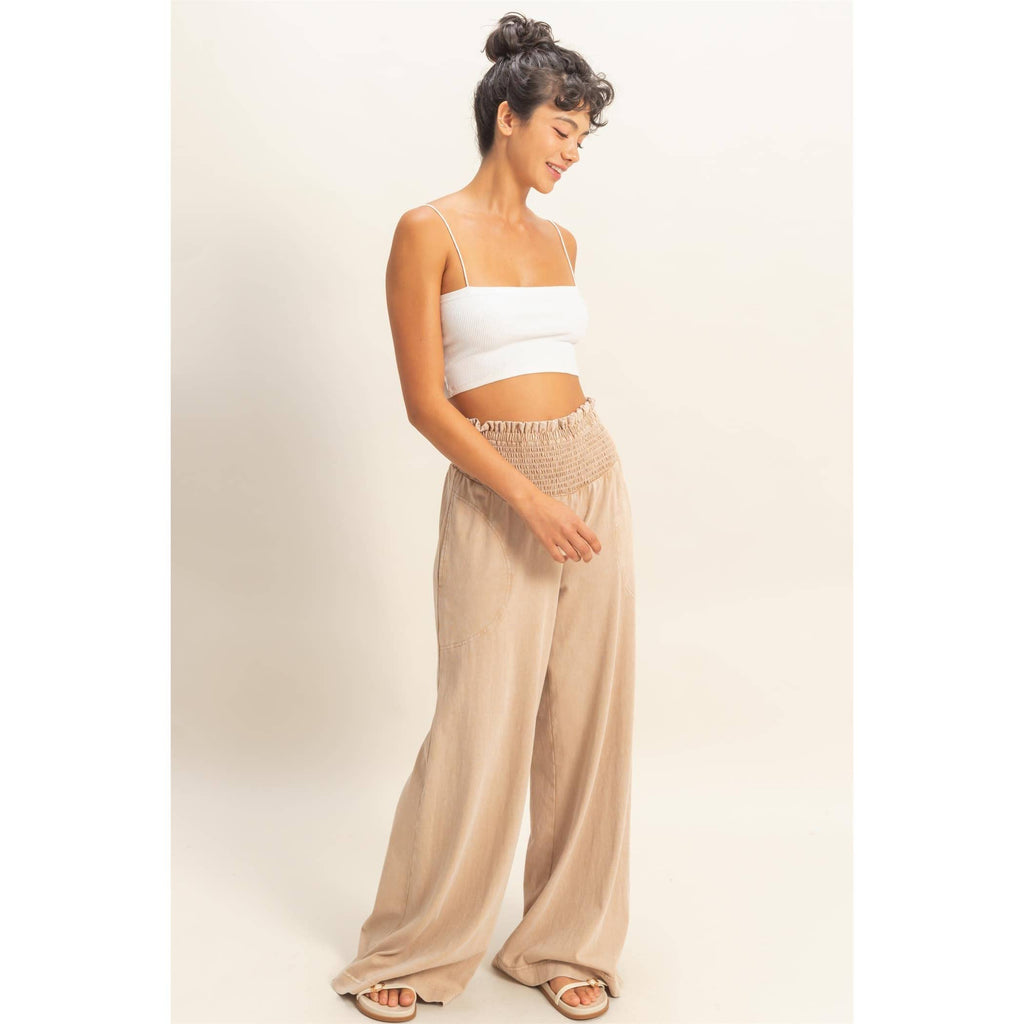 Mineral Washed Wide-Leg Smocked Waist Pants: SOFT PINK / S-M-L(2-2-2)