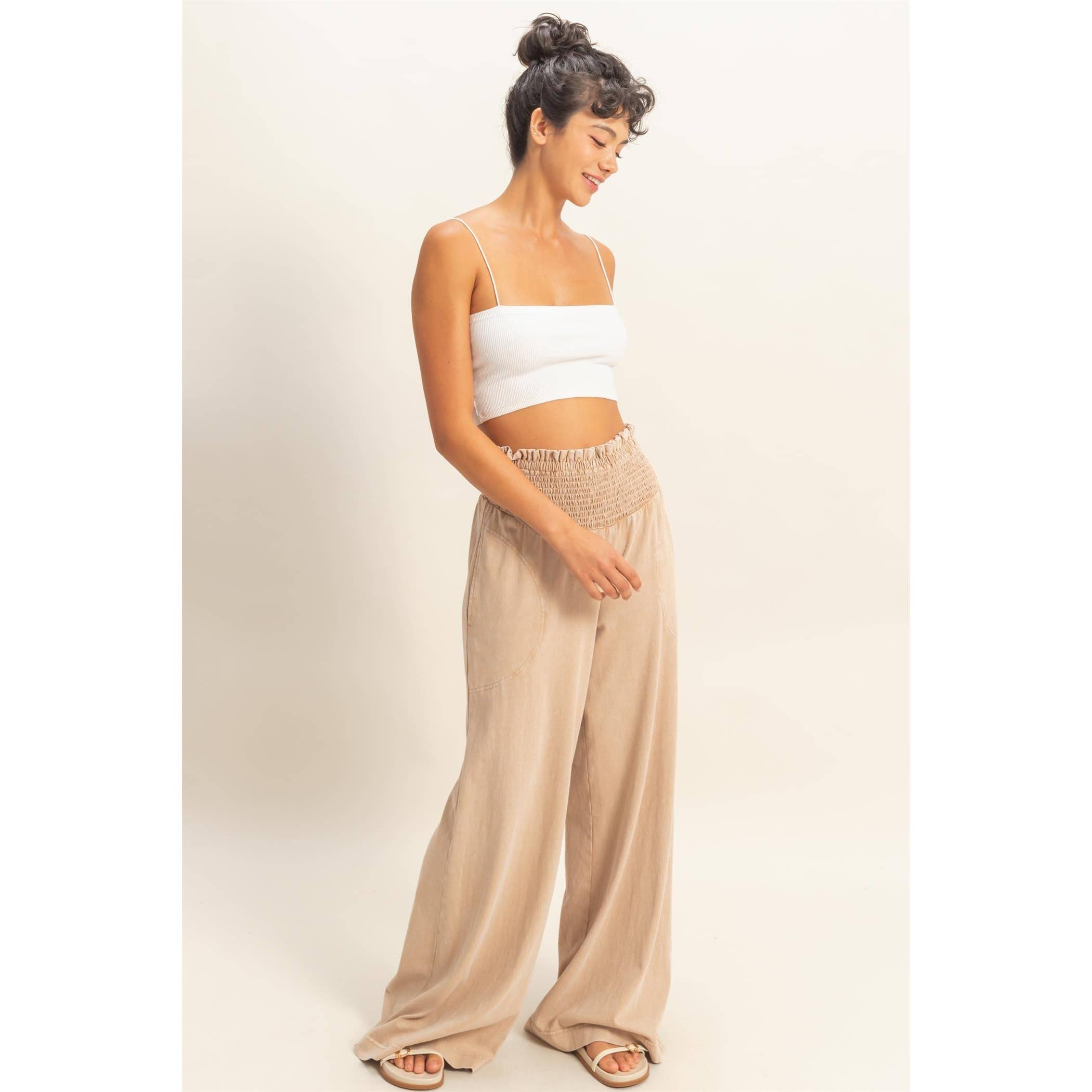 Mineral Washed Wide-Leg Smocked Waist Pants: SOFT PINK / S-M-L(2-2-2)