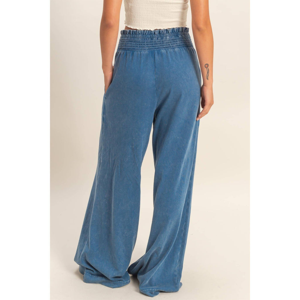 Mineral Washed Wide-Leg Smocked Waist Pants: SOFT PINK / S-M-L(2-2-2)