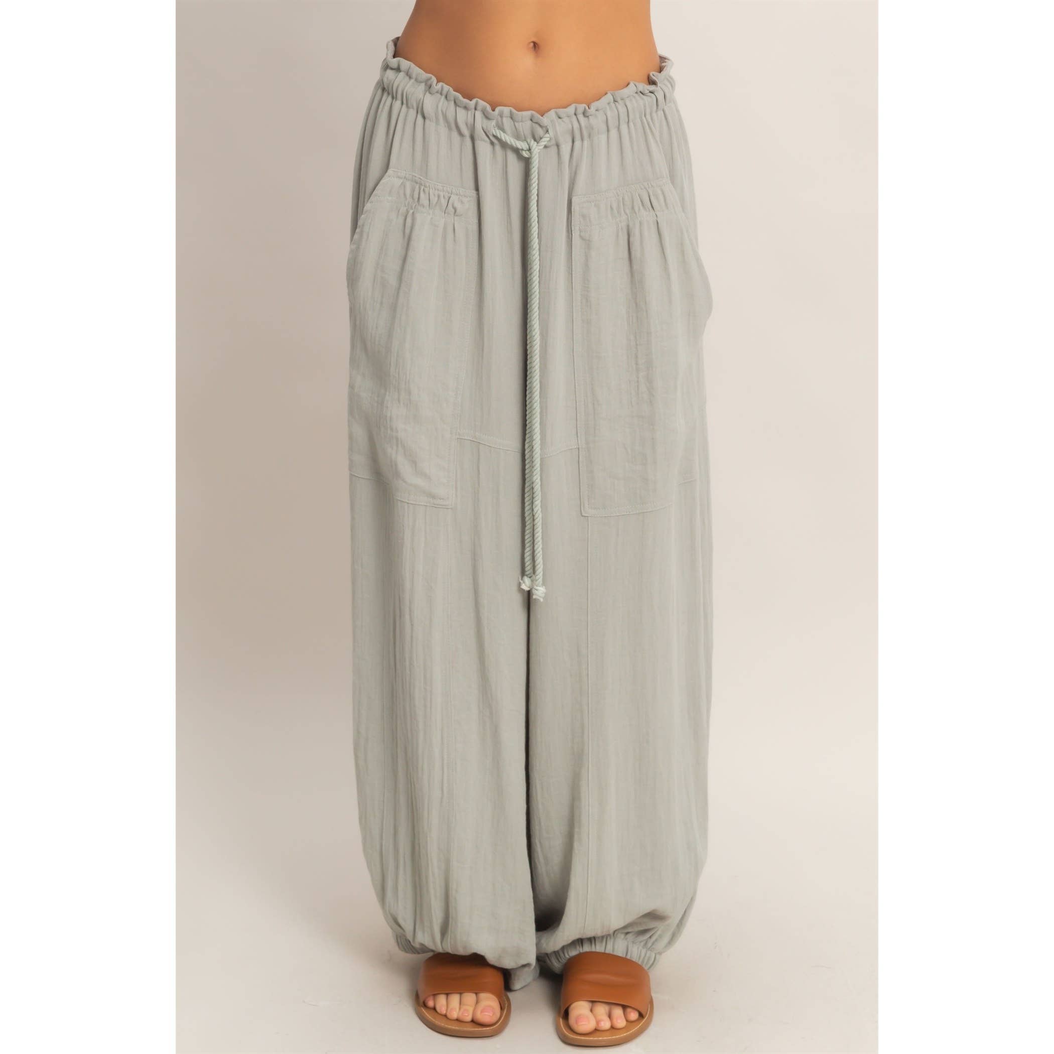Elastic Hem Drawstring Pants: DUSTY SAGE / S-M-L(2-2-2)