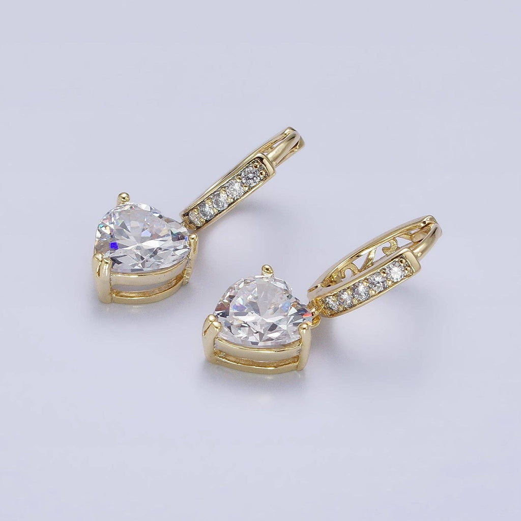 14K Gold Filled Clear CZ Heart Drop Oblong Hoop Earrings