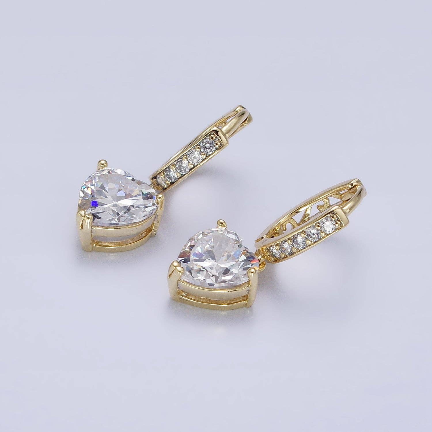 14K Gold Filled Clear CZ Heart Drop Oblong Hoop Earrings