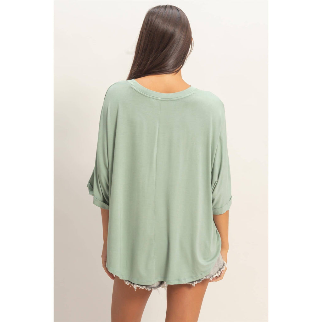 Relaxed High-Low Batwing Sleeve Top: BLACK / S-M-L(2-2-2)