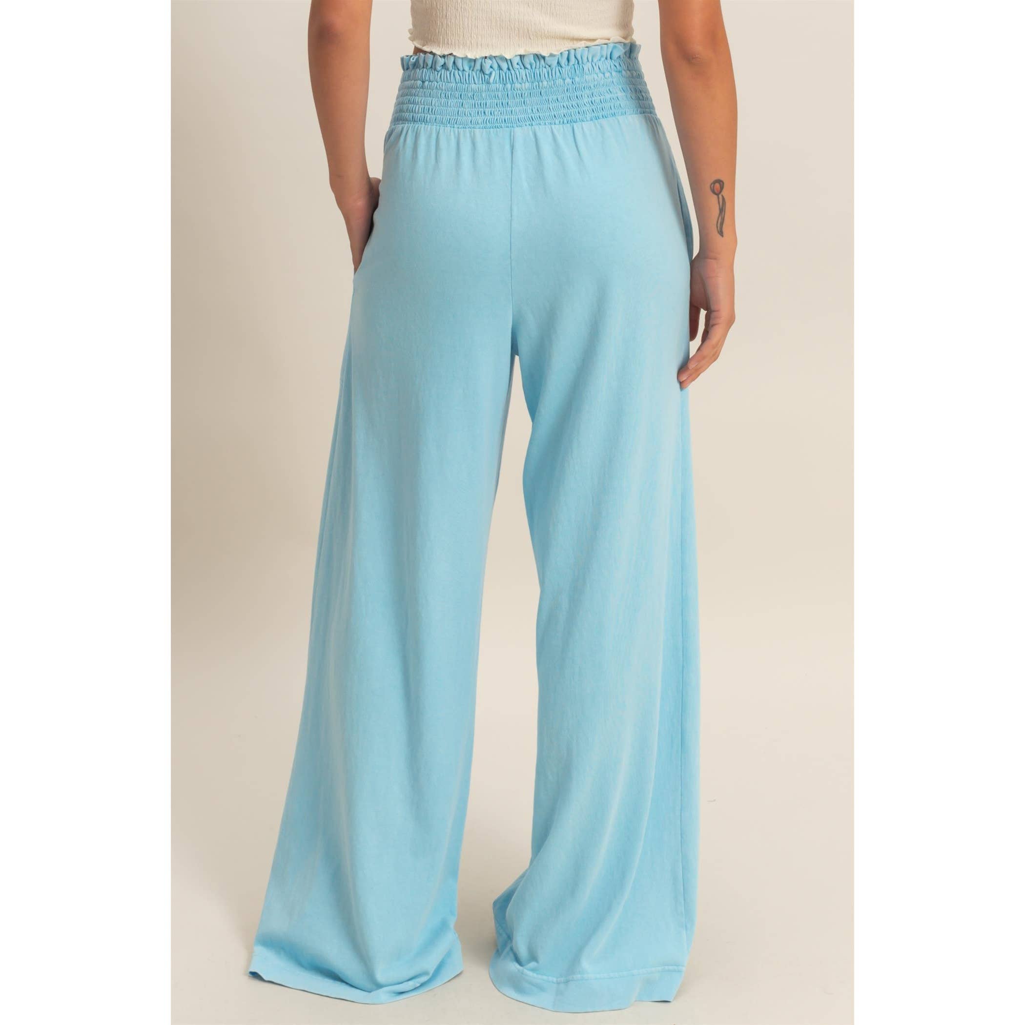 Mineral Washed Wide-Leg Smocked Waist Pants: SOFT PINK / S-M-L(2-2-2)