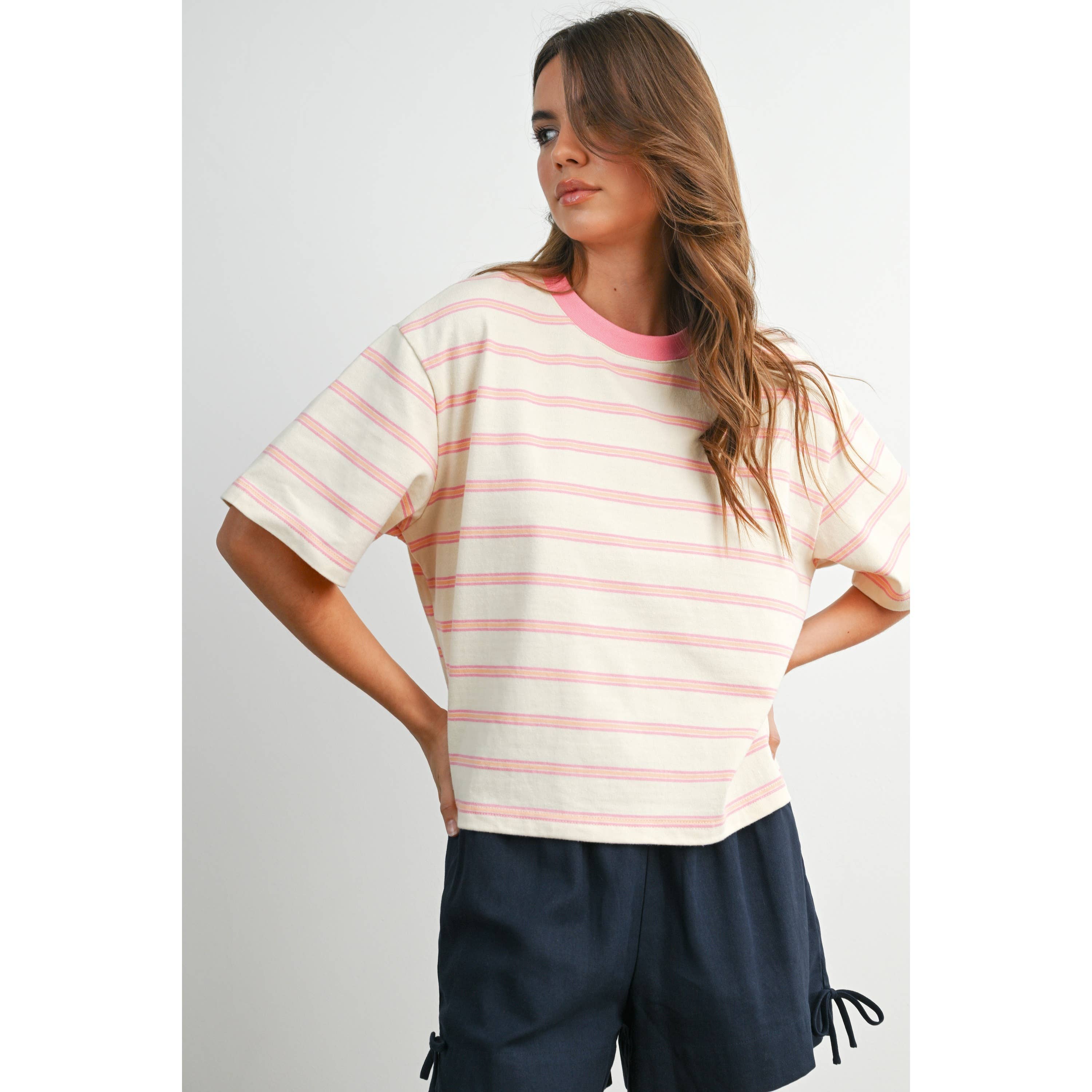 Striped Boxy Cropped T-Shirt - BMT8347: GREEN / PINK / S