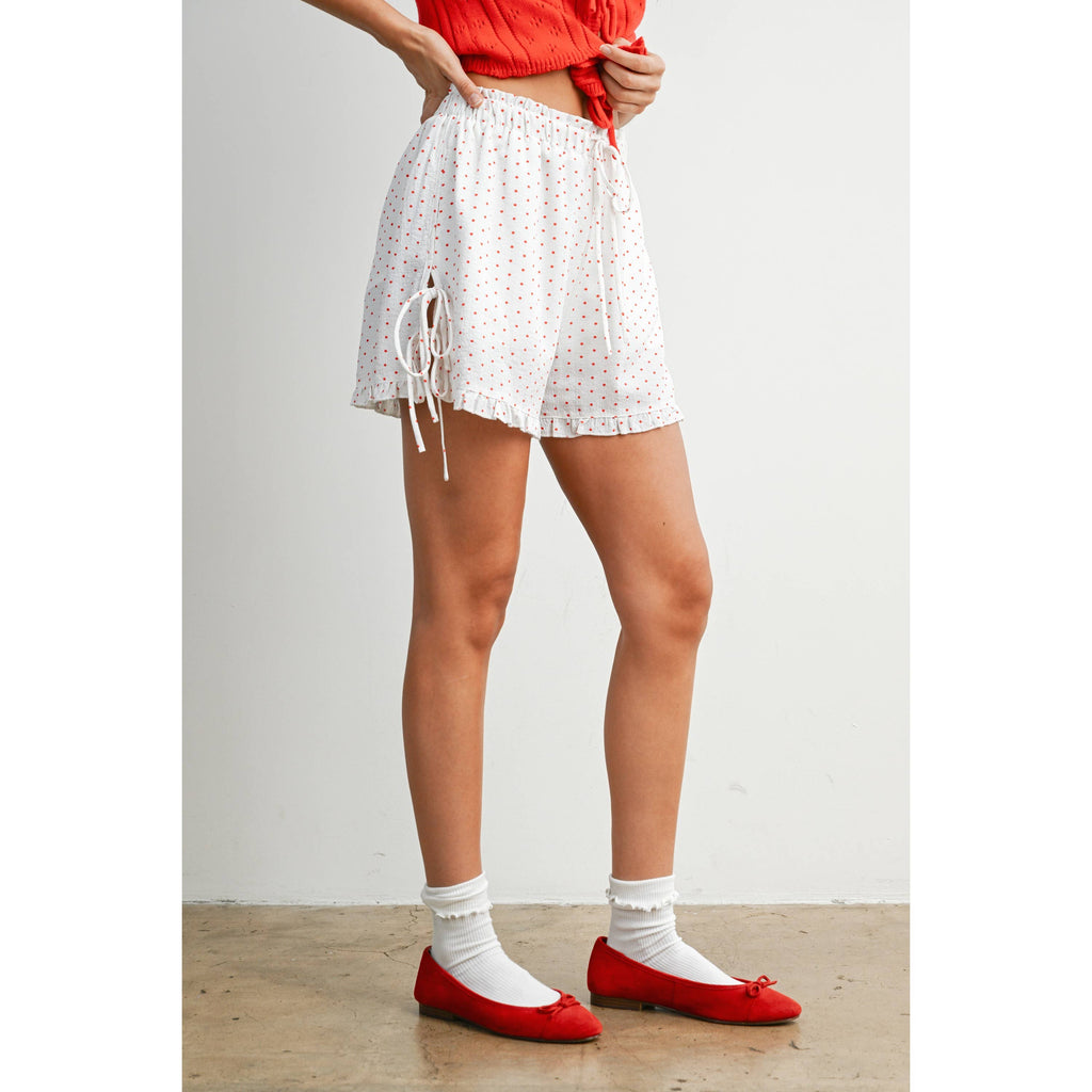 Polka Dot Ruffle Hem Tie-Side Shorts - BMP8189: IVORY / BLACK / S