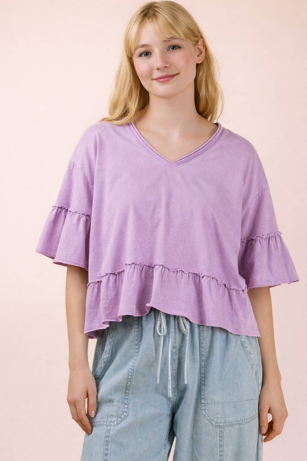 Mineral Washed Ruffle Detail Knit Top: BLUE /