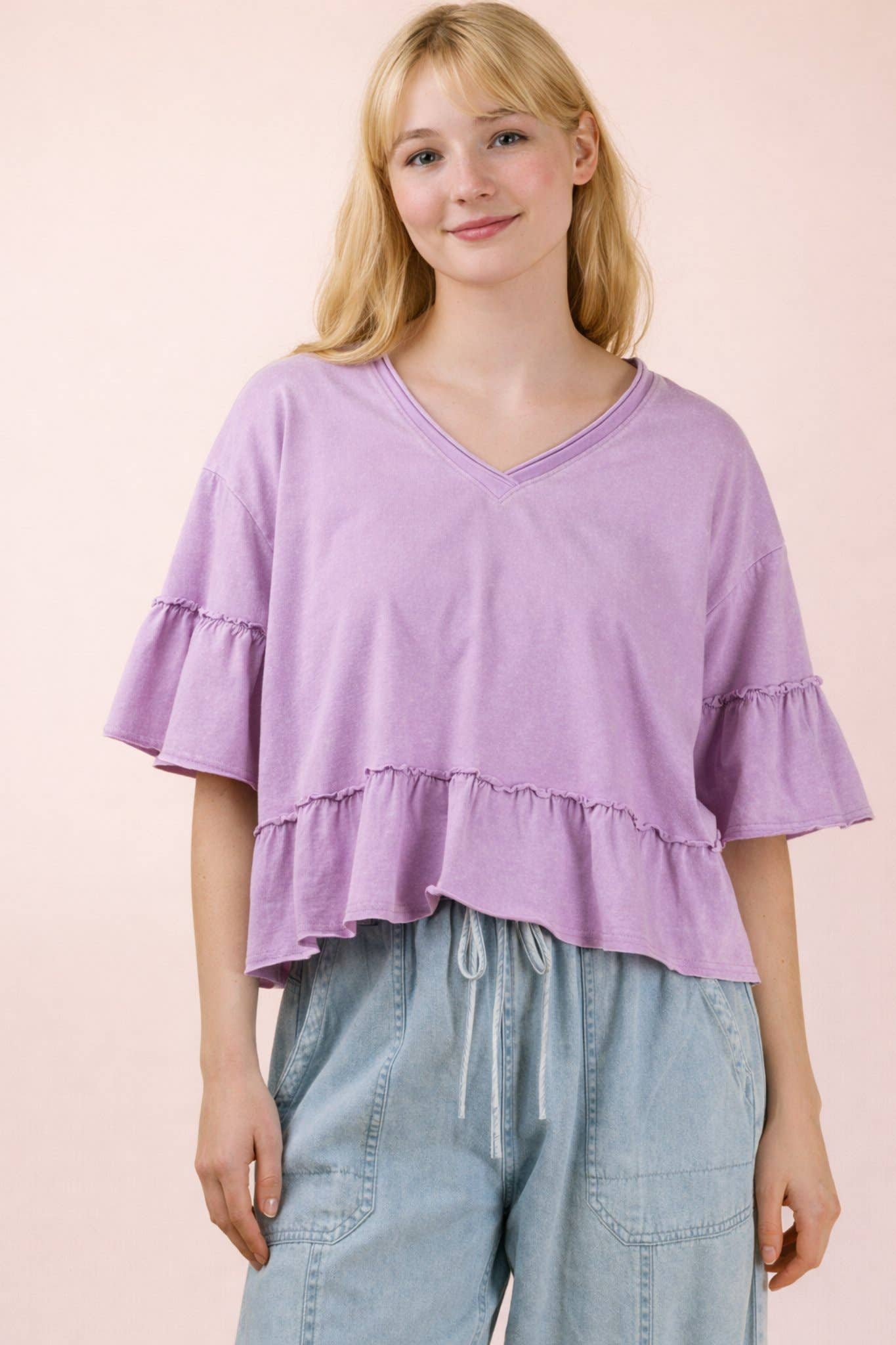 Mineral Washed Ruffle Detail Knit Top: BLUE /