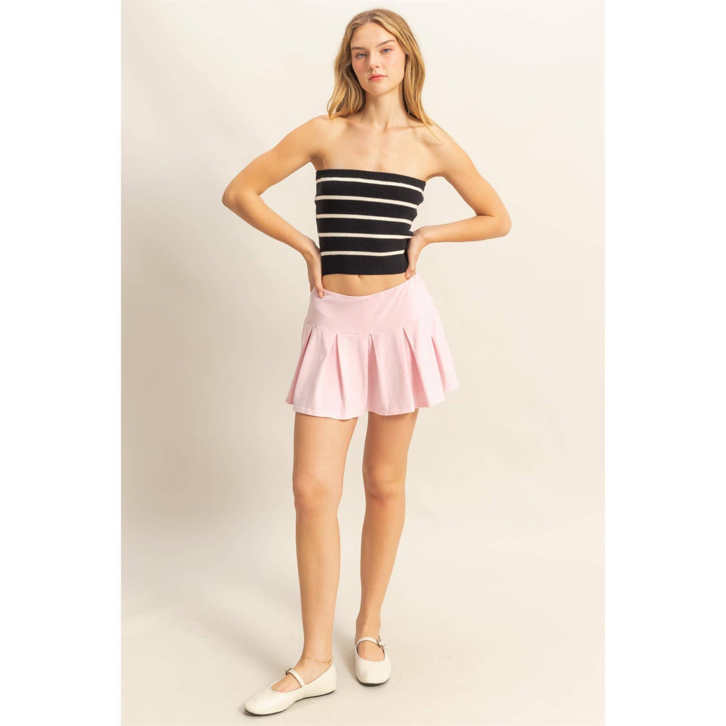 Mid Rise Pleated Mini Skort: DUSTY INDIGO / S-M-L(2-2-2)