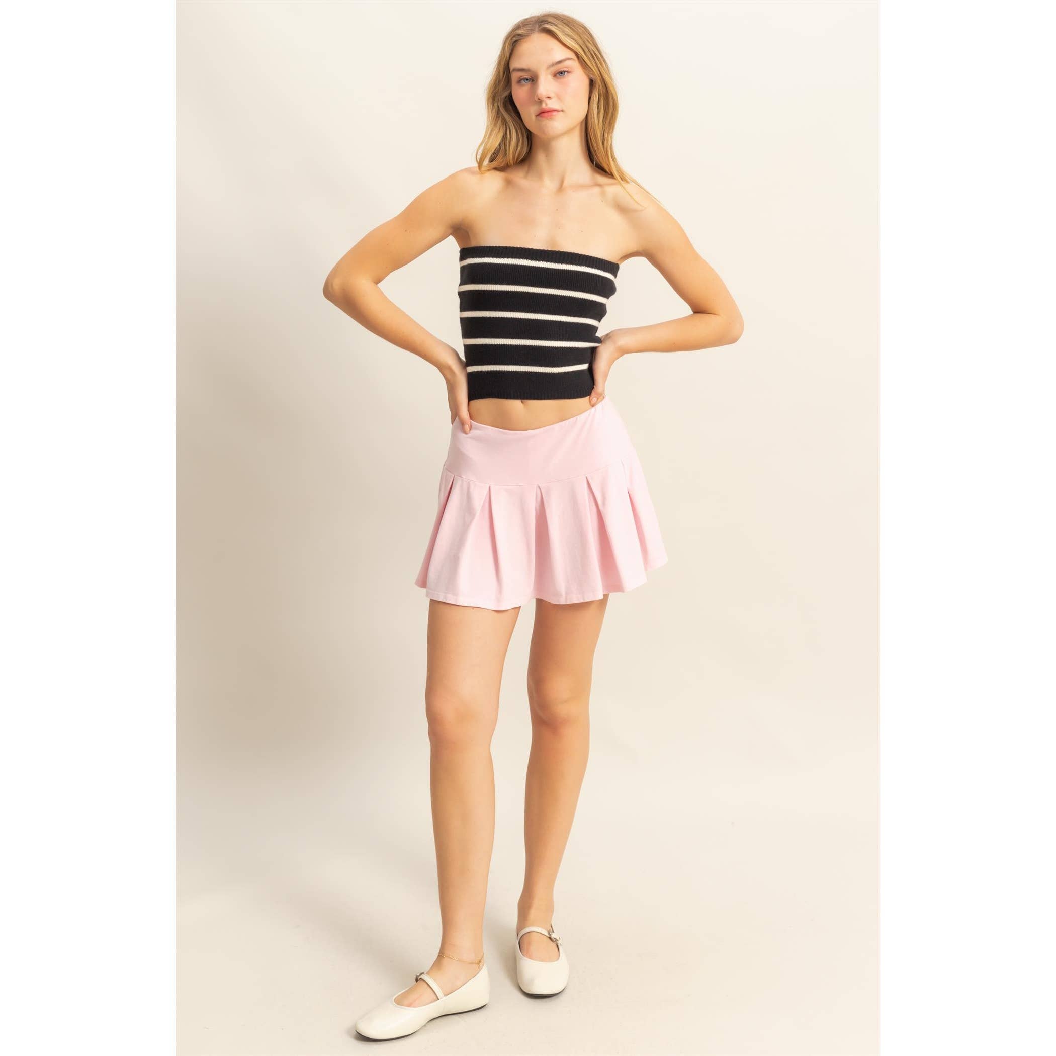 Mid Rise Pleated Mini Skort: DUSTY INDIGO / S-M-L(2-2-2)