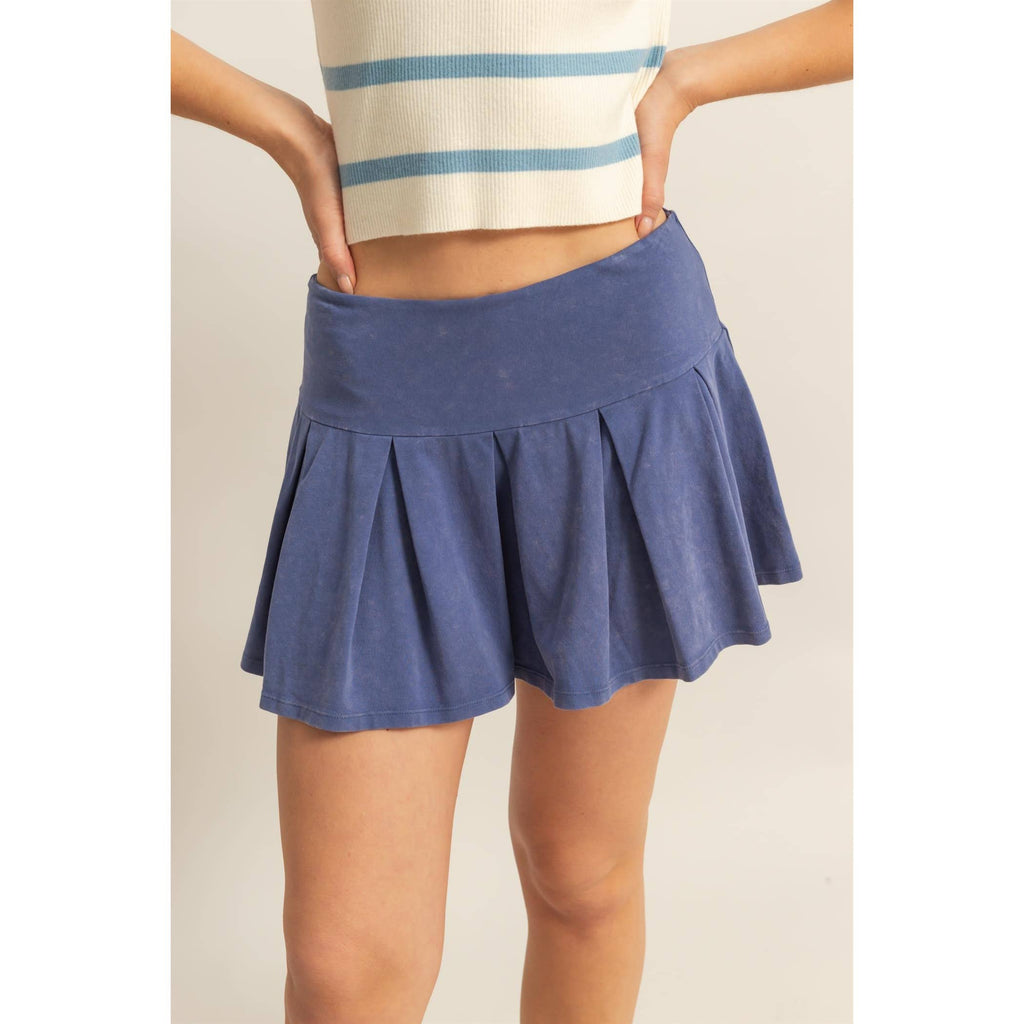 Mid Rise Pleated Mini Skort: DUSTY INDIGO / S-M-L(2-2-2)