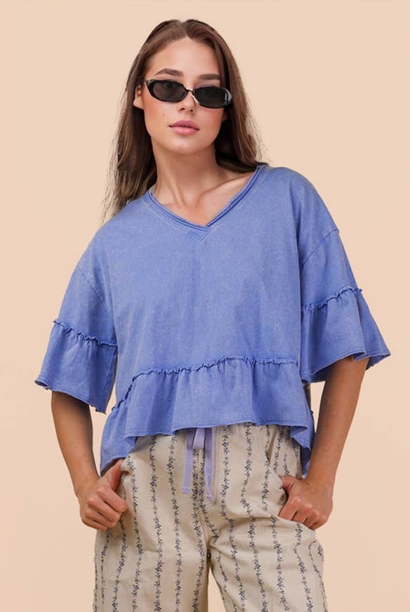 Mineral Washed Ruffle Detail Knit Top: BLUE /