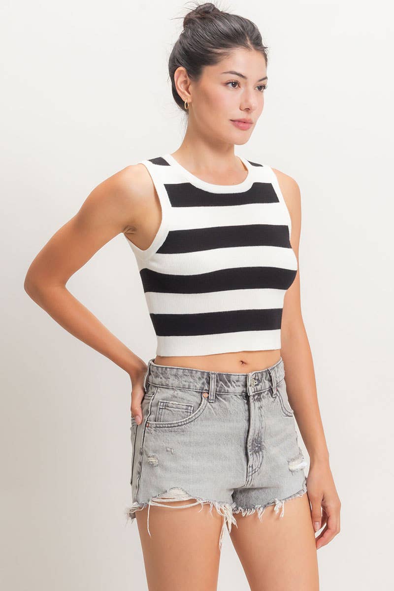 Striped Crop Tank Knit Top: PINK / S-M-L(2-2-2)