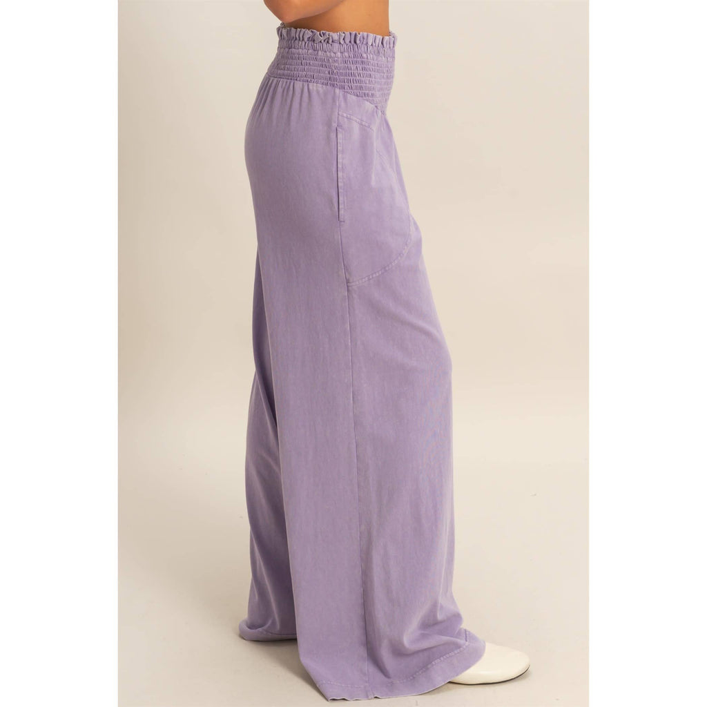Mineral Washed Wide-Leg Smocked Waist Pants: SOFT PINK / S-M-L(2-2-2)