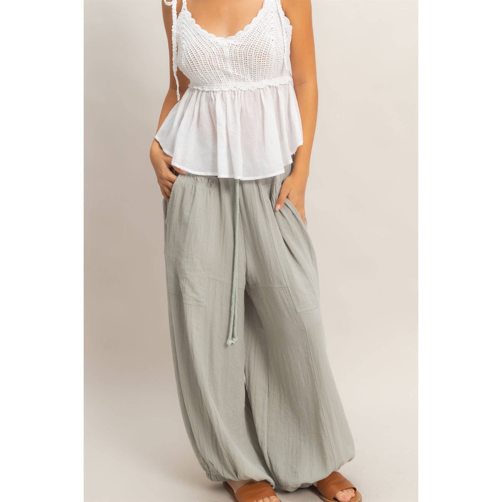Elastic Hem Drawstring Pants: DUSTY SAGE / S-M-L(2-2-2)