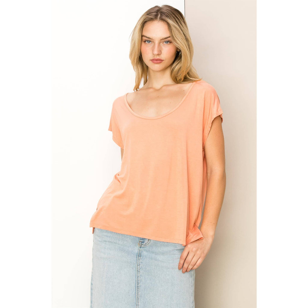 Scoop Neck Short Sleeves Top: PALE OLIVE / S-M-L(2-2-2)