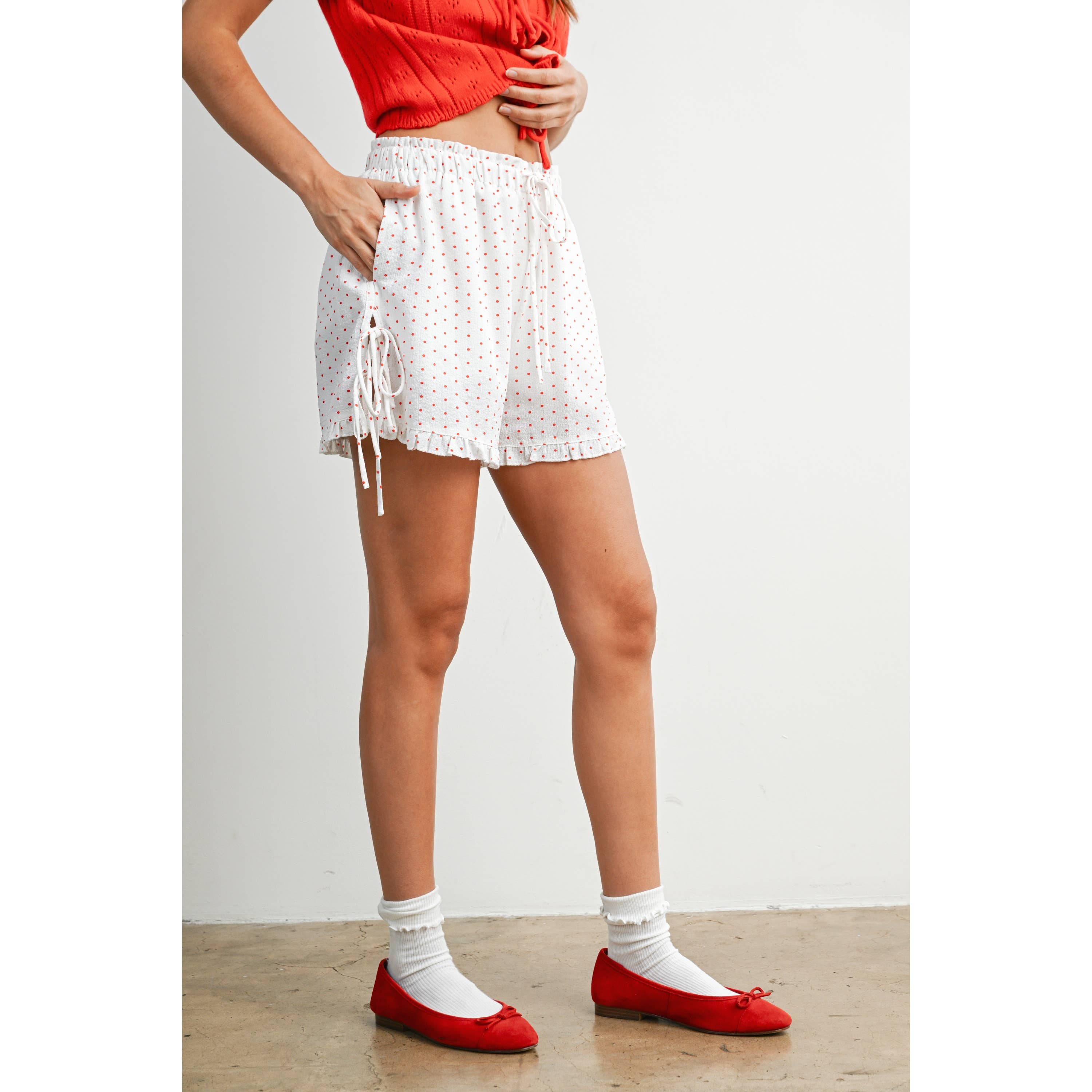 Polka Dot Ruffle Hem Tie-Side Shorts - BMP8189: IVORY / BLACK / S