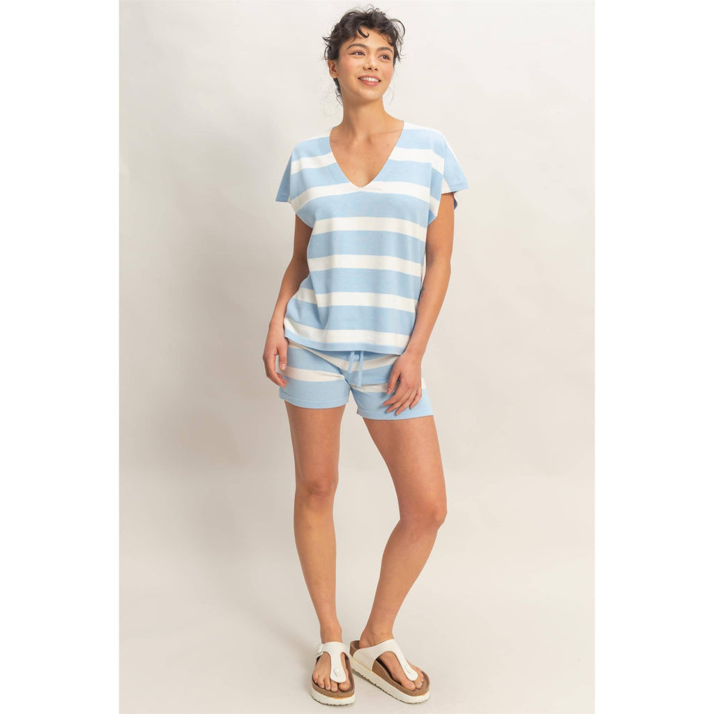 V-Neck Top & Striped Shorts Set: BLUE / S-M-L(2-2-2)