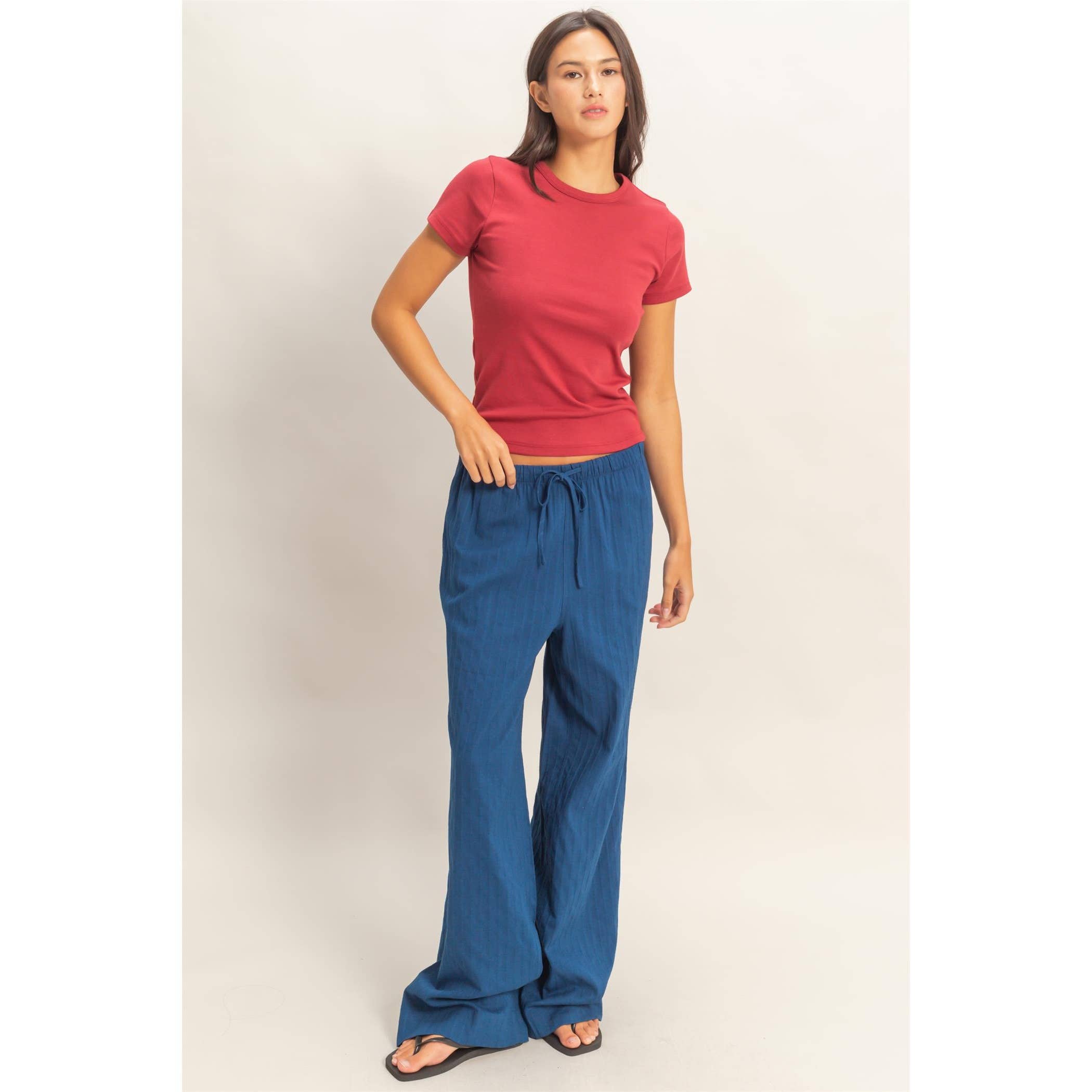 Pinstriped Jacquard Drawstring Pants: NAVY / S-M-L(2-2-2)