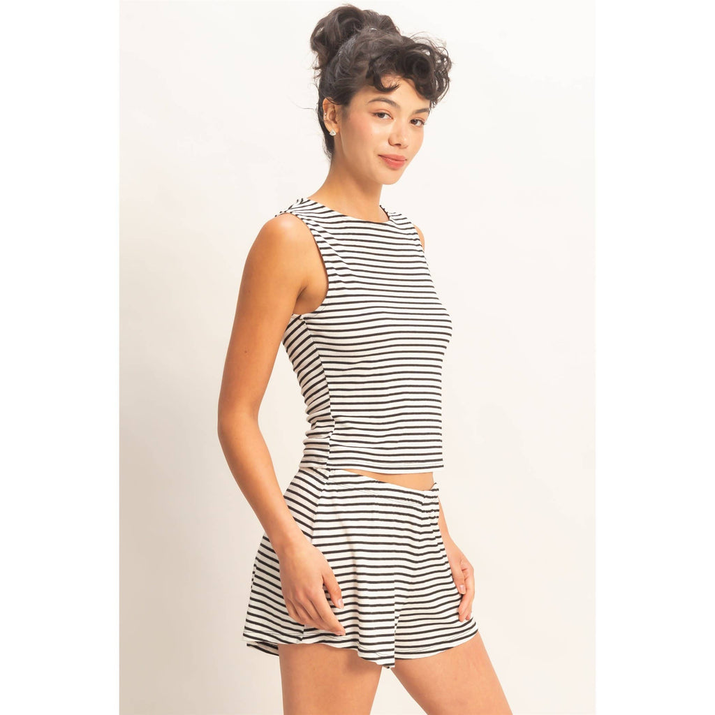 Striped Sleeveless Tank And Shorts Set: BLACK / S-M-L(2-2-2)