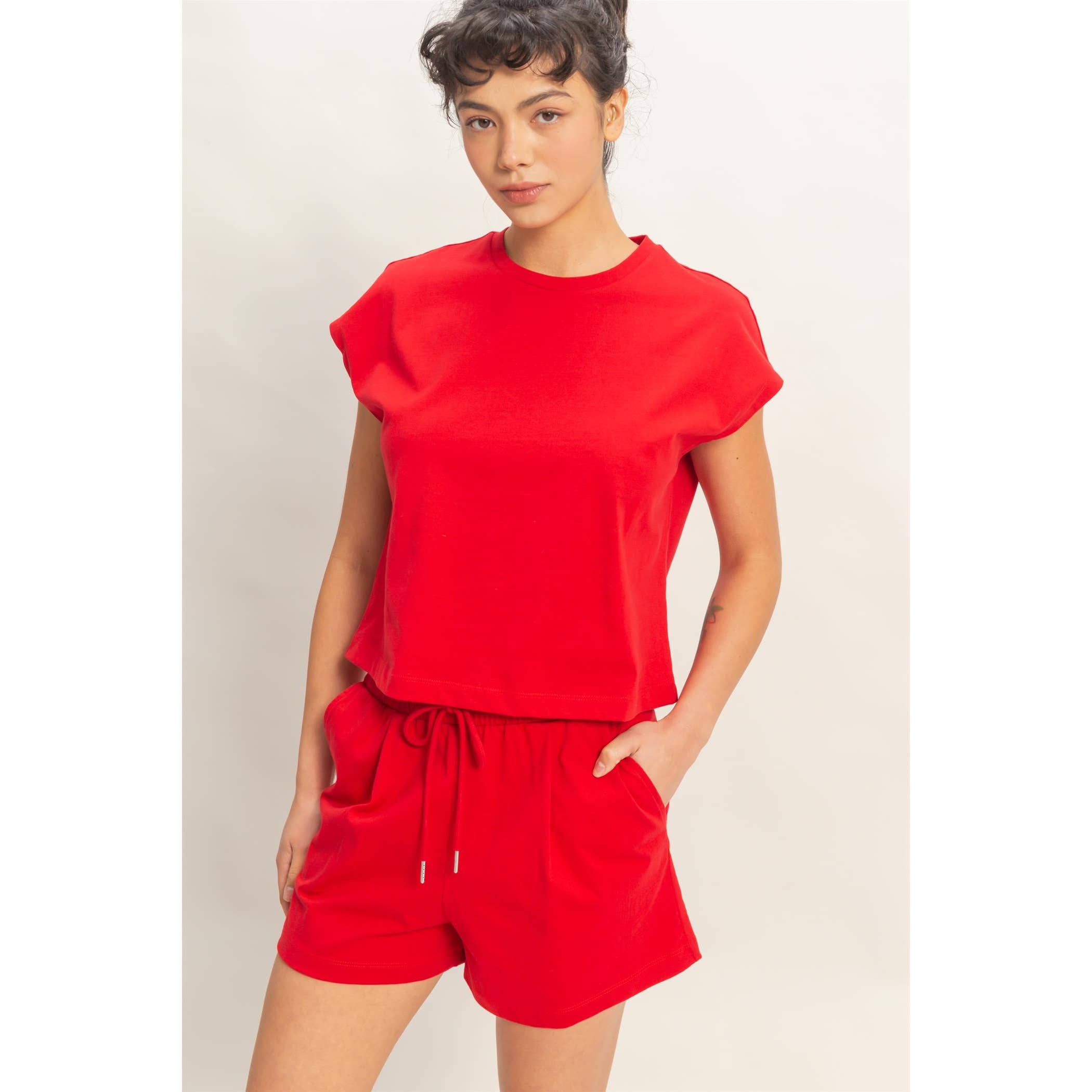 Cap Sleeve Boxy Top And Shorts Set: SAGE GREEN / S-M-L(2-2-2)