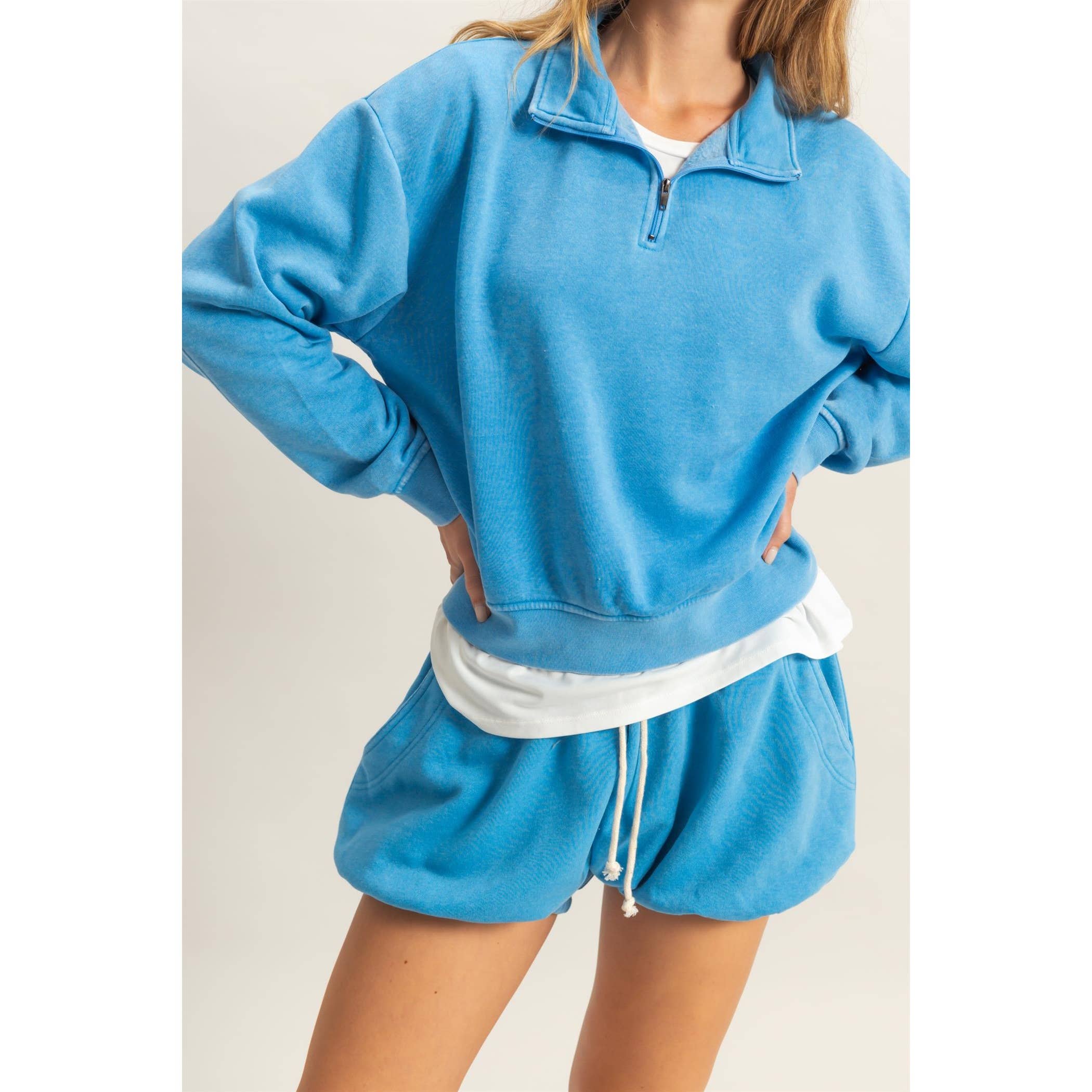 Drawstring Waist Bubbled Hem Shorts: TURQUOISE / S-M-L(2-2-2)