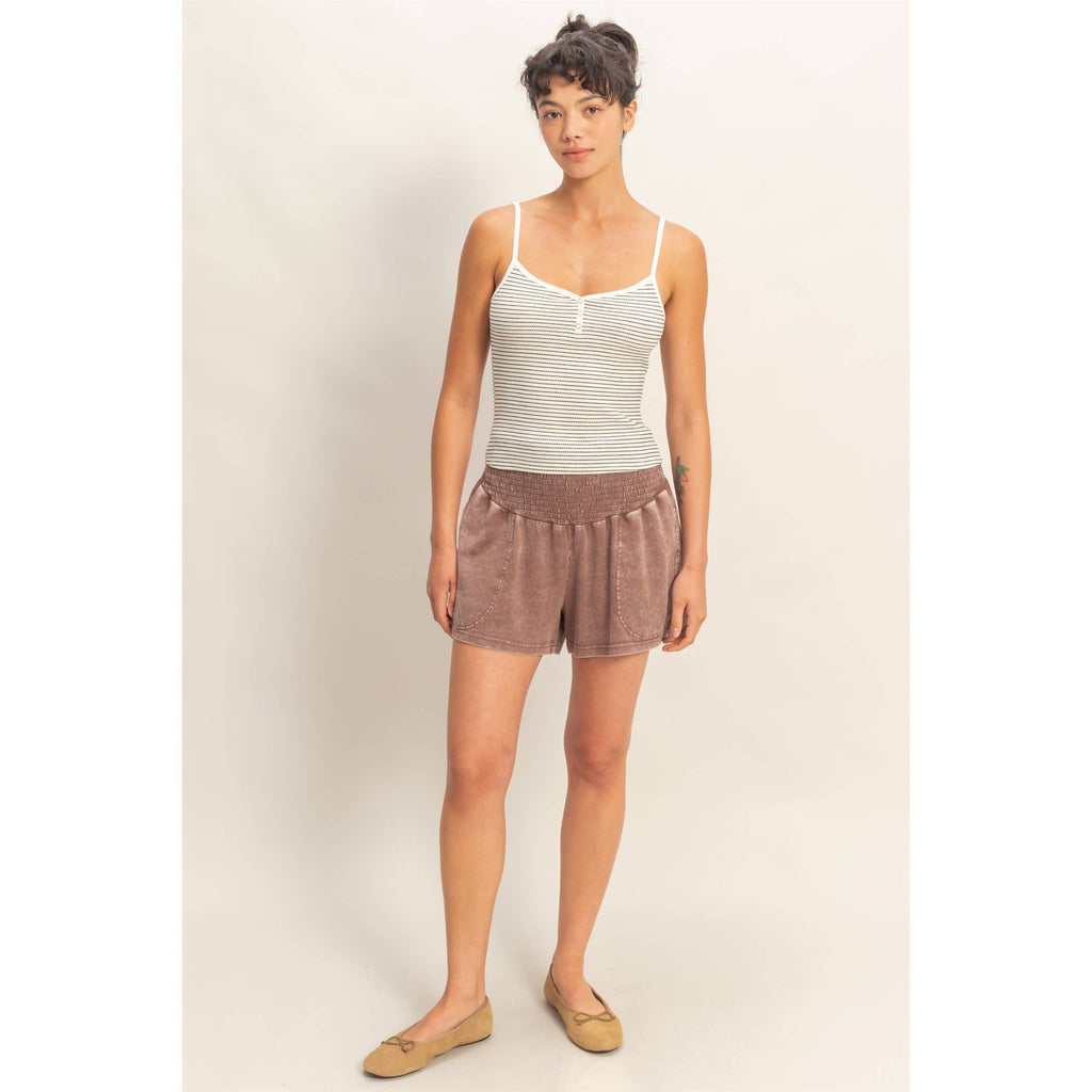 Smocked Waist Mineral Wash Shorts: FUCHSIA / S-M-L(2-2-2)