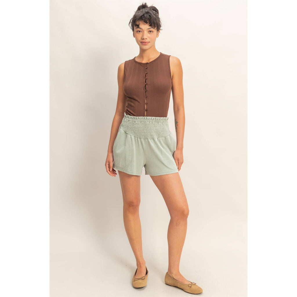 Smocked Waist Mineral Wash Shorts: FUCHSIA / S-M-L(2-2-2)