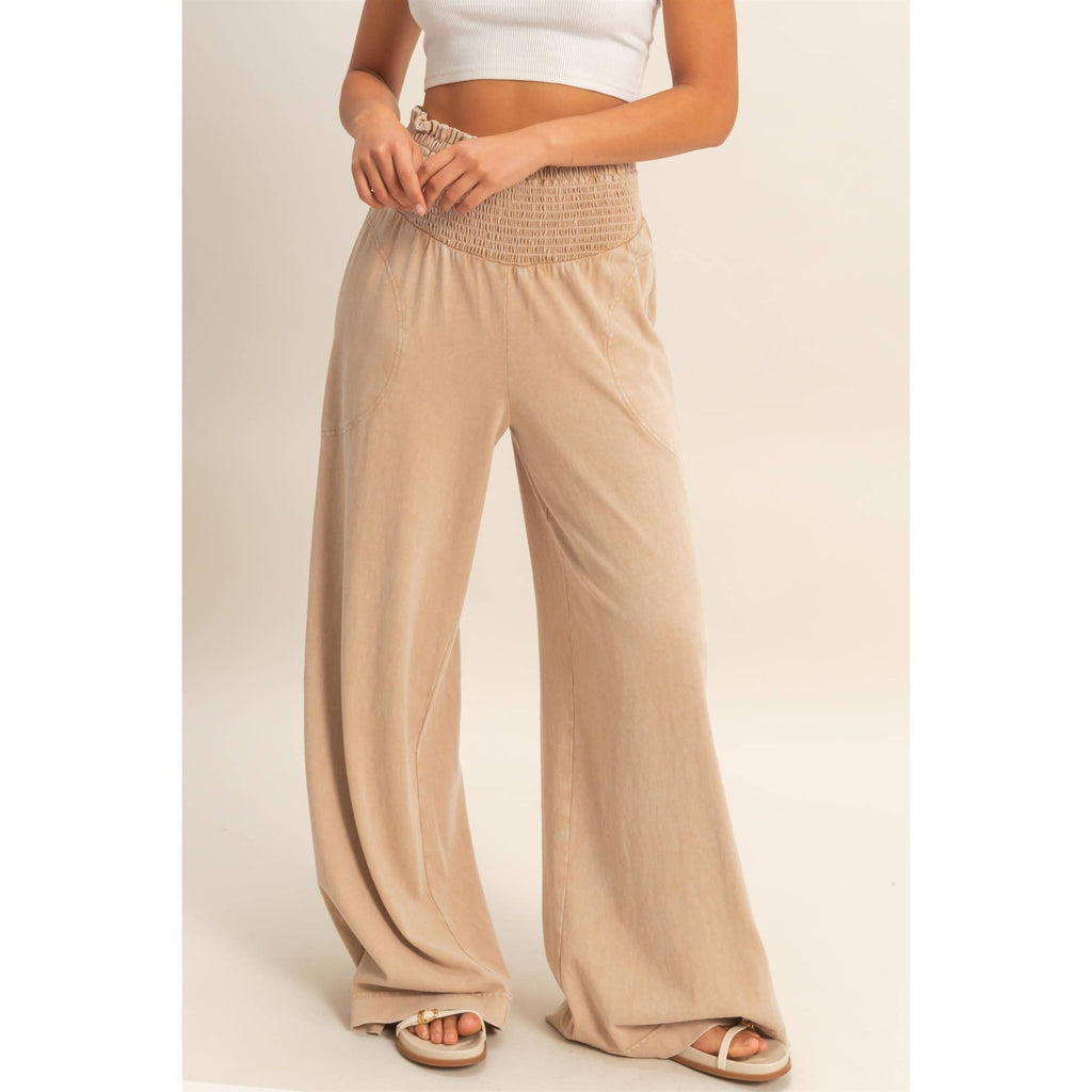 Mineral Washed Wide-Leg Smocked Waist Pants: SOFT PINK / S-M-L(2-2-2)