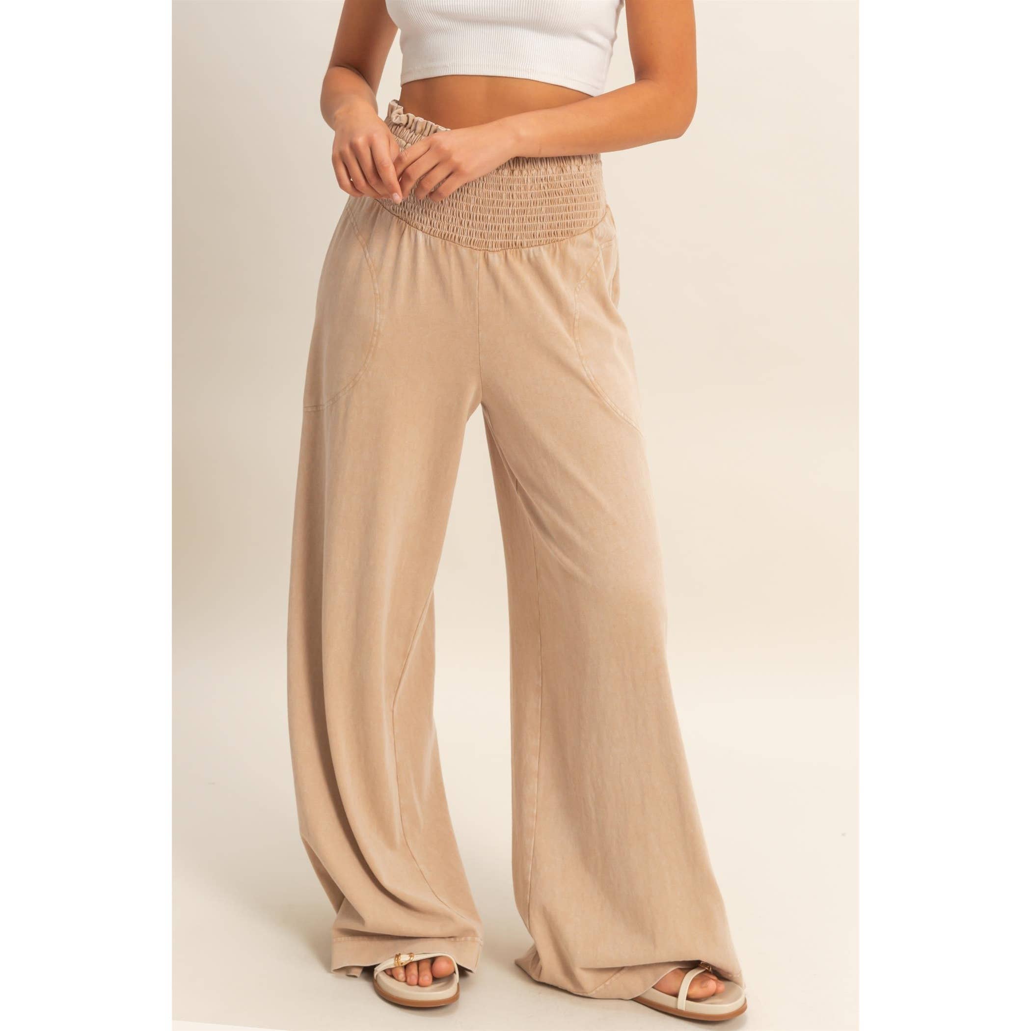 Mineral Washed Wide-Leg Smocked Waist Pants: SOFT PINK / S-M-L(2-2-2)