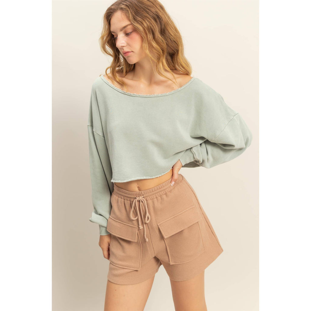 Frayed Detail Long Sleeve Crop Top: SAGE GREEN / S-M-L(2-2-2)
