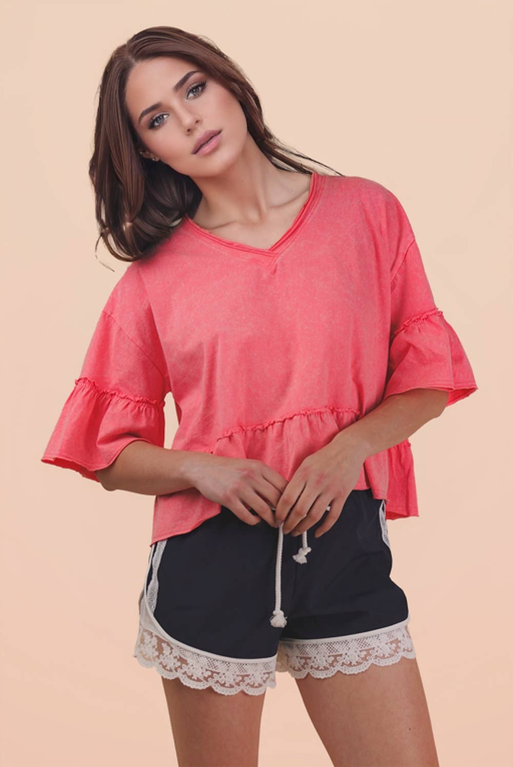 Mineral Washed Ruffle Detail Knit Top: BLUE /