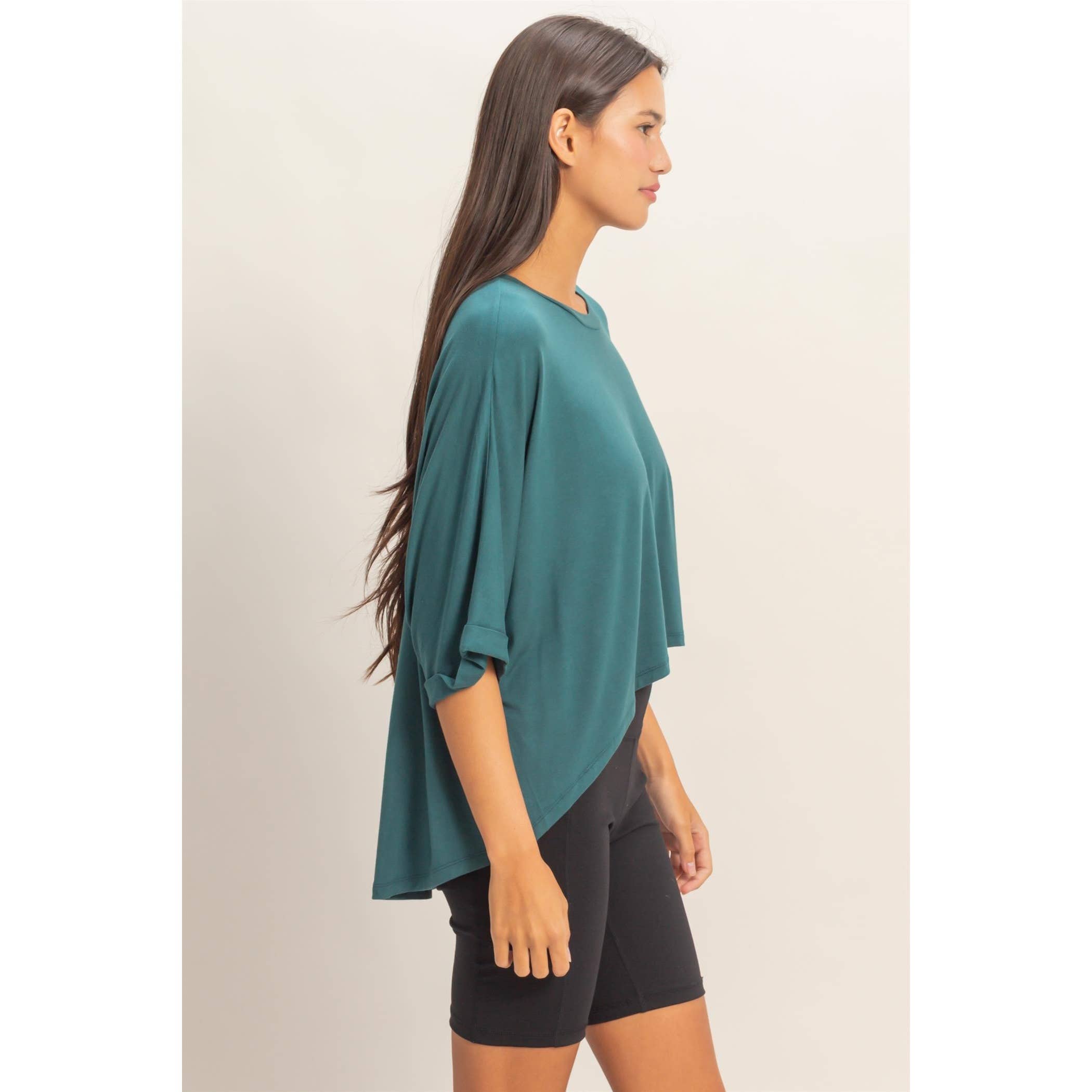 Relaxed High-Low Batwing Sleeve Top: BLUE / S-M-L(2-2-2)